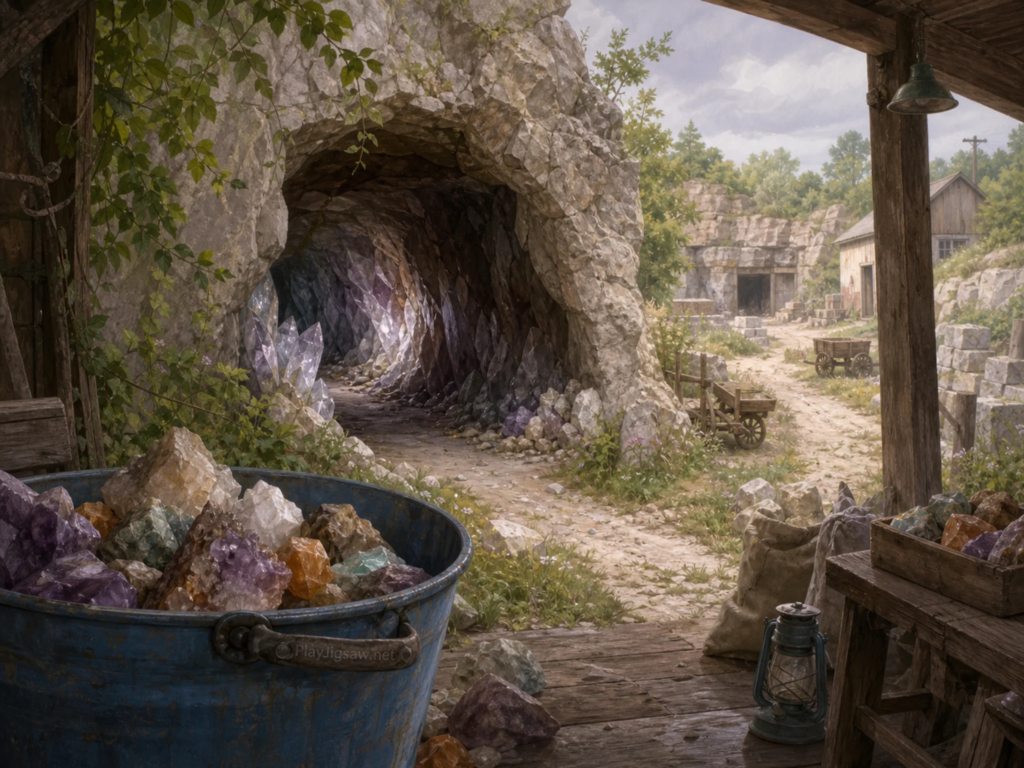 mineral cavern opening beyond a blue field bucket in a second mineral-cavern entrance near a small stone-quarry path, with familiar objects and soft overcast afternoon.