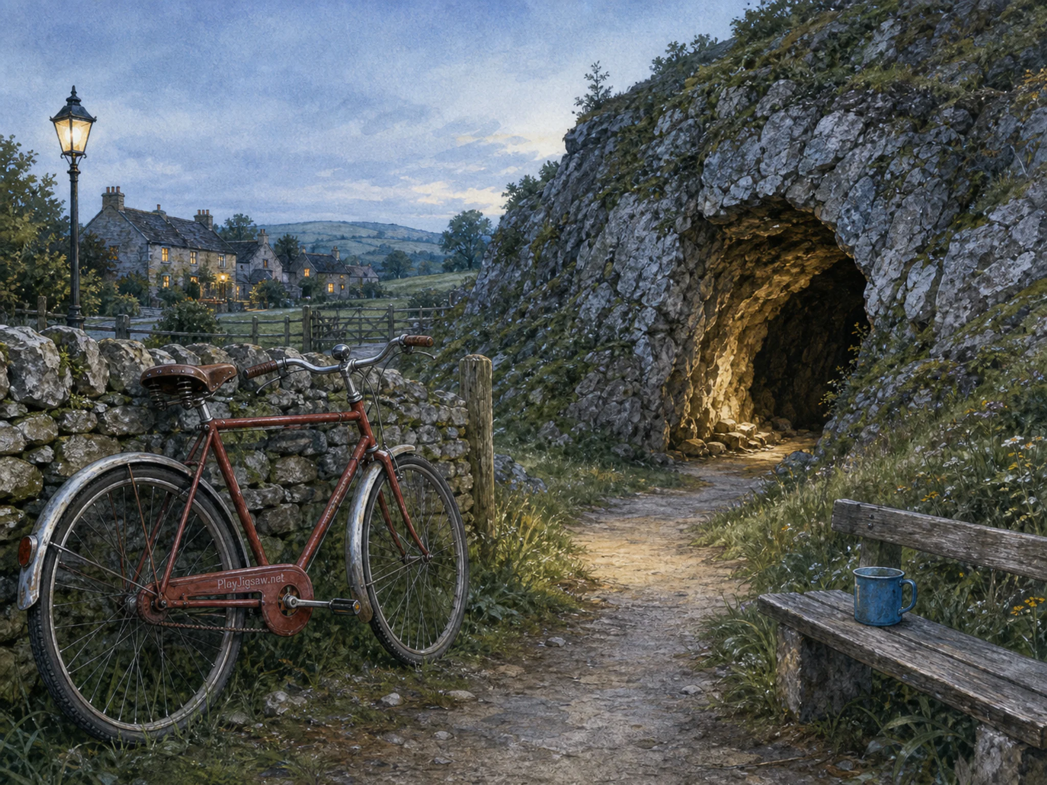 mineral cavern opening beyond a red trail bicycle in a mineral-cavern entrance beside a familiar country-park footpath, with familiar objects and cool blue-hour light.