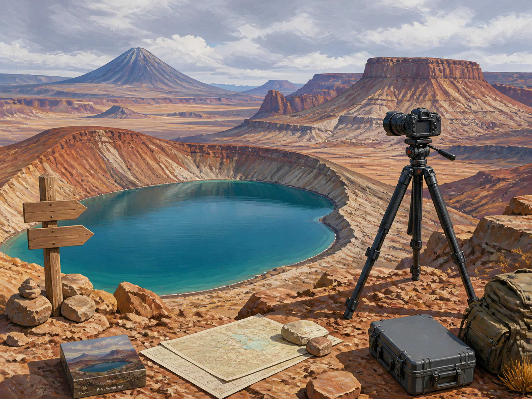 Volcano Lake leading toward sturdy camera tripod in a sculpted desert basin, with layered scenery and soft overcast afternoon.
