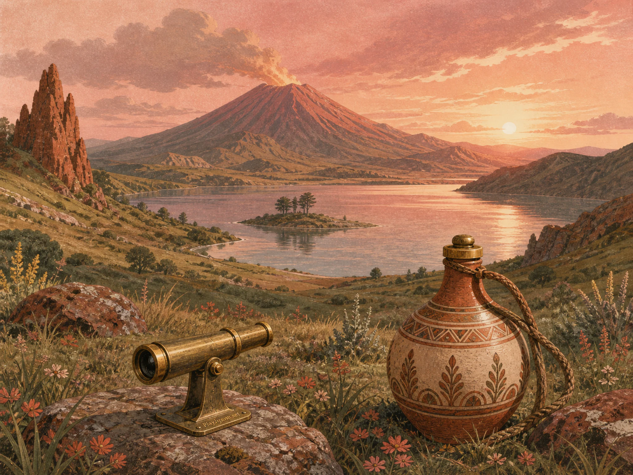 Volcano Lake overlooking ceramic water flask in an open highland meadow, with layered scenery and golden lamplight at dusk.