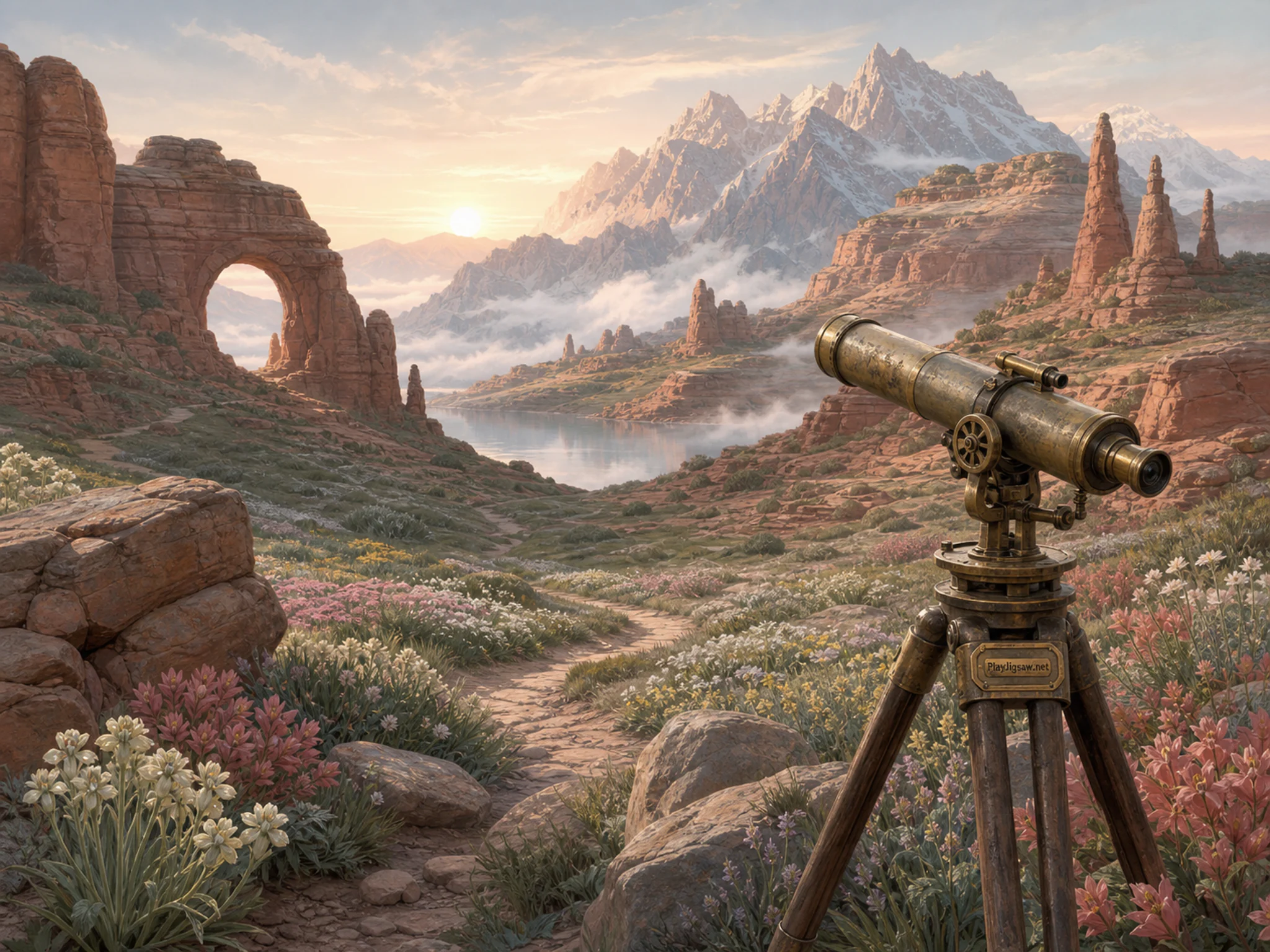Alpine Flower Pass following weathered field telescope in a sculpted desert basin, with layered scenery and calm misty dawn.