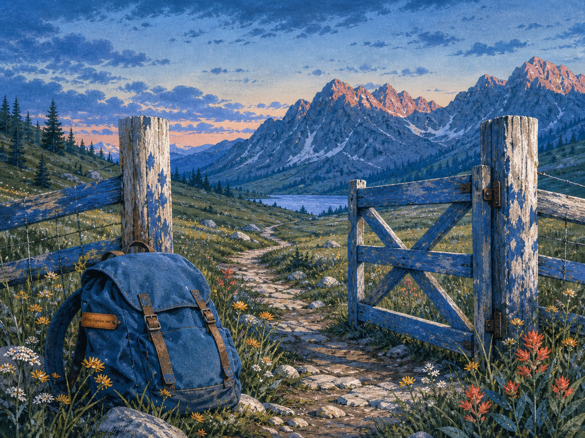 Alpine Flower Pass standing within painted farm gate in an open highland meadow, with layered scenery and cool blue-hour light.