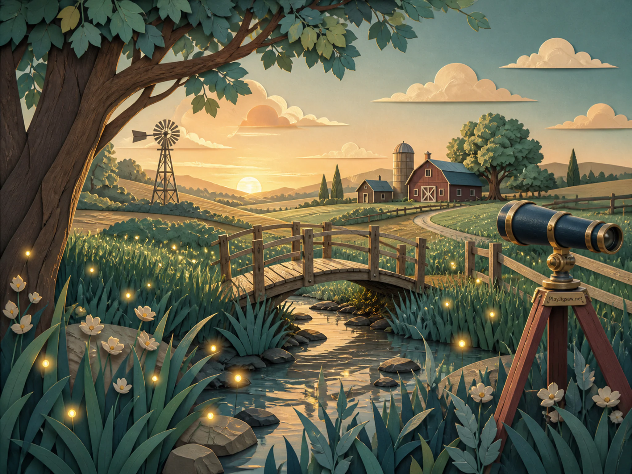 Firefly Meadow framing small timber footbridge in a cultivated rolling plain, with layered scenery and warm late-day sunlight.