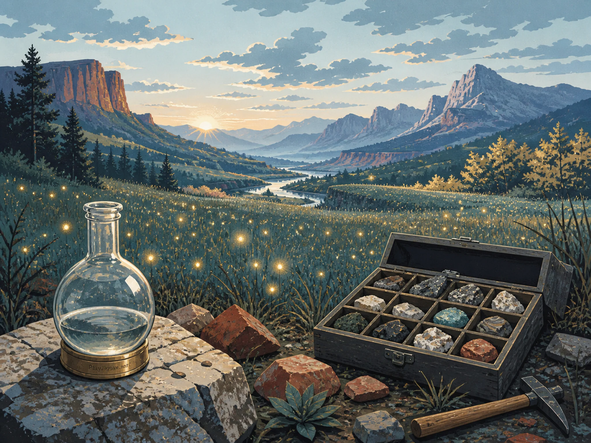 Firefly Meadow crossing geologist sample box in a weather-filled panoramic vista, with layered scenery and clear early morning light.