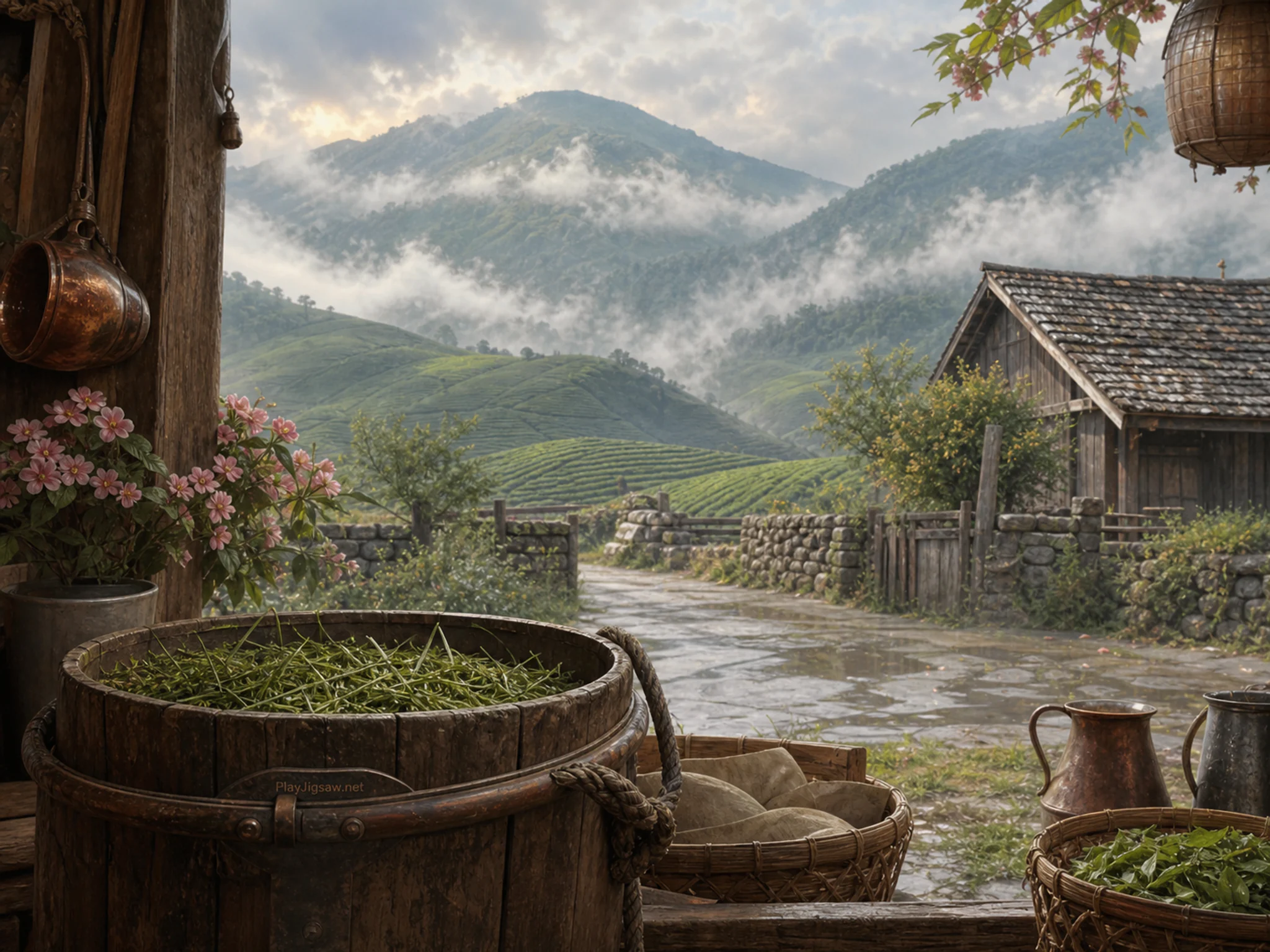 misty tea mountains opening beyond a wooden feed bucket in misty tea mountains above a highland pasture with stone fences and a barn, with familiar objects and sun after a brief.