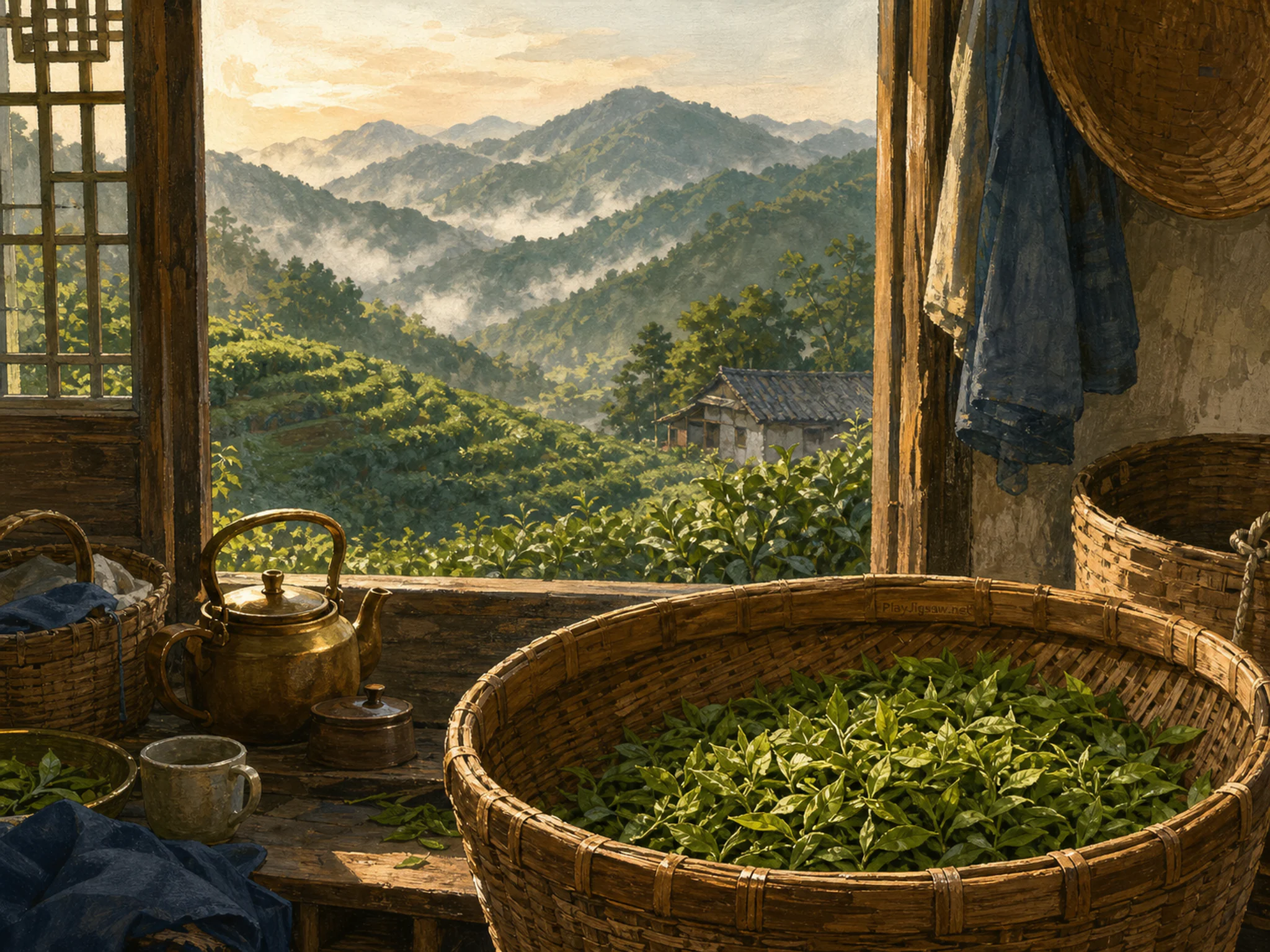 misty tea mountains opening beyond a woven harvest basket in a misty tea-growing hillside with a modest worker shed and no people, with familiar objects and warm late-day sunlight.
