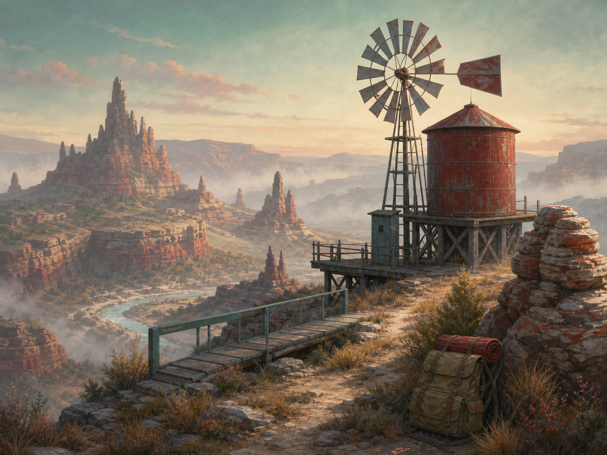 Prairie Wind Station overlooking canvas hiking pack in a dramatic geological formation, with layered scenery and calm misty dawn.