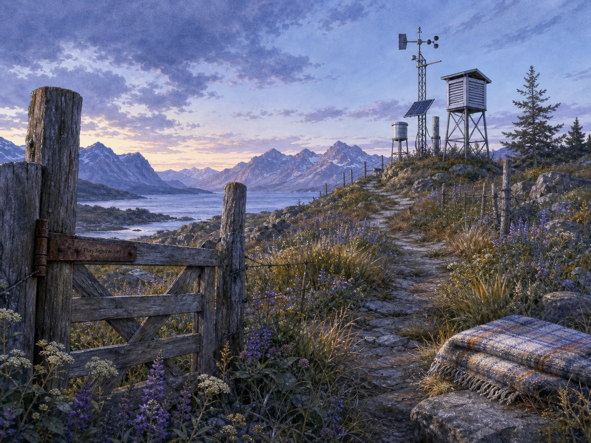 Prairie Wind Station leading toward folded meadow blanket in a layered alpine shoreline, with layered scenery and cool blue-hour light.