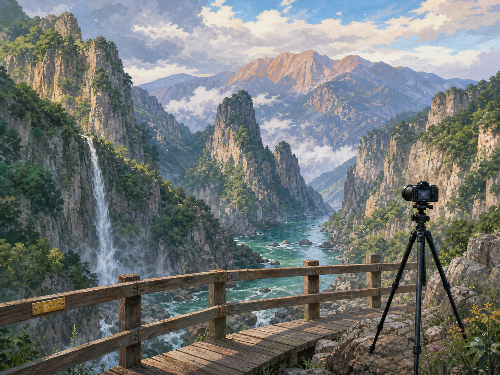 Emerald Gorge overlooking sturdy camera tripod in a weather-filled panoramic vista, with layered scenery and bright diffused window light.