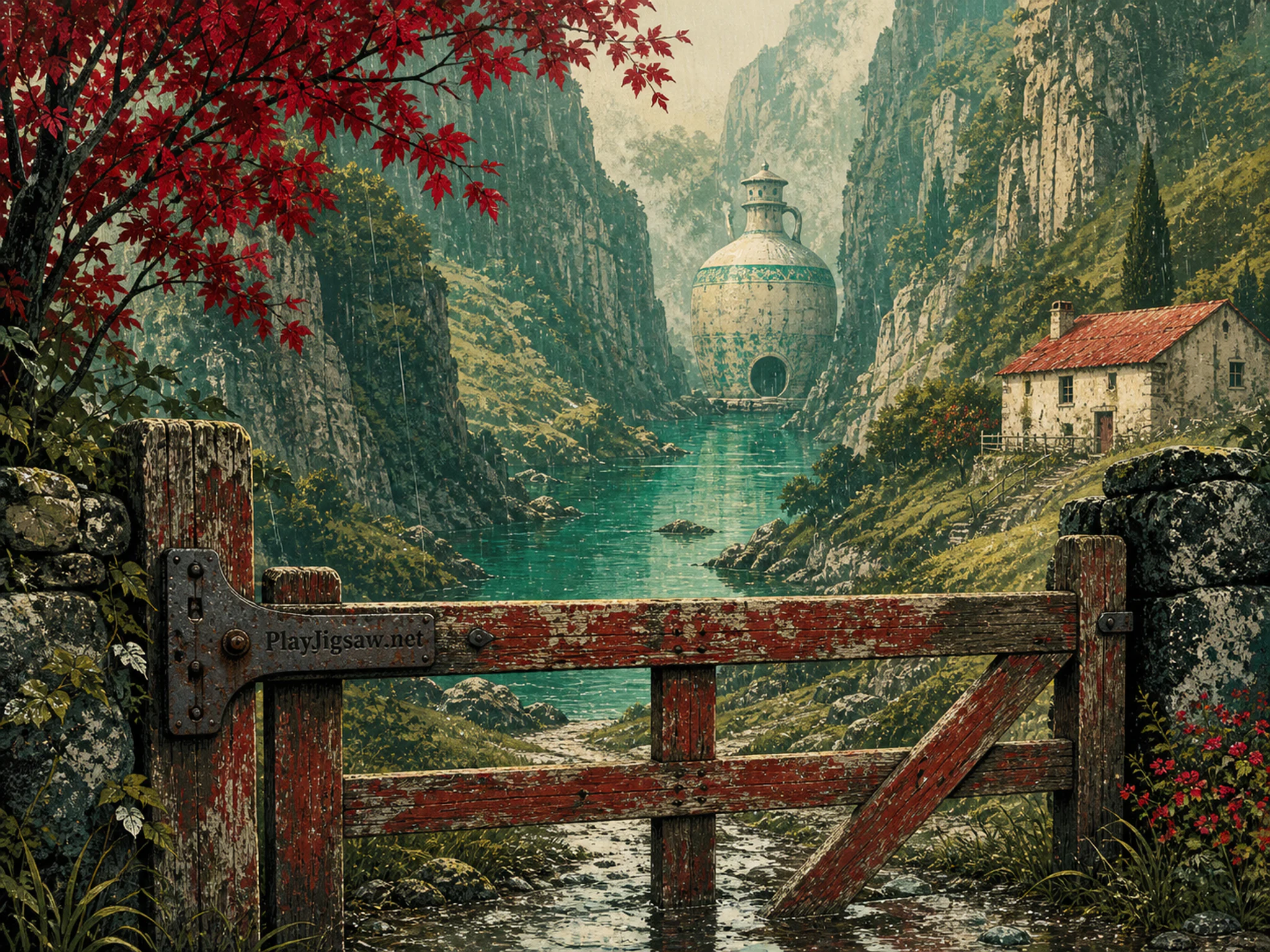 Emerald Gorge leading toward ceramic water flask in a deep green ravine, with layered scenery and gentle rain with crisp reflections.