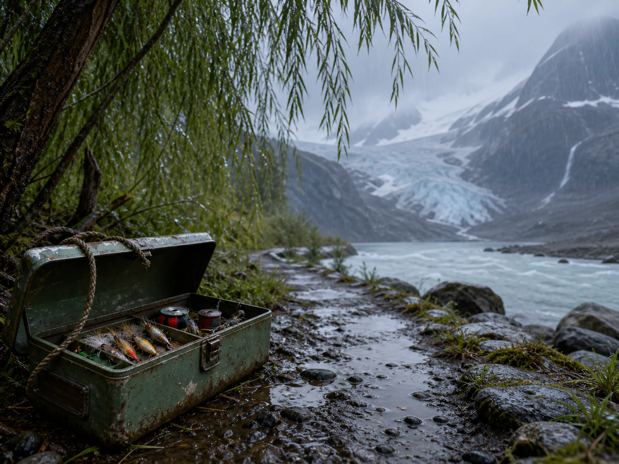 glacier river opening beyond a green fishing tackle box in a quiet riverbank with willow trees and a wooden footpath, with familiar objects and gentle rain with crisp reflections.