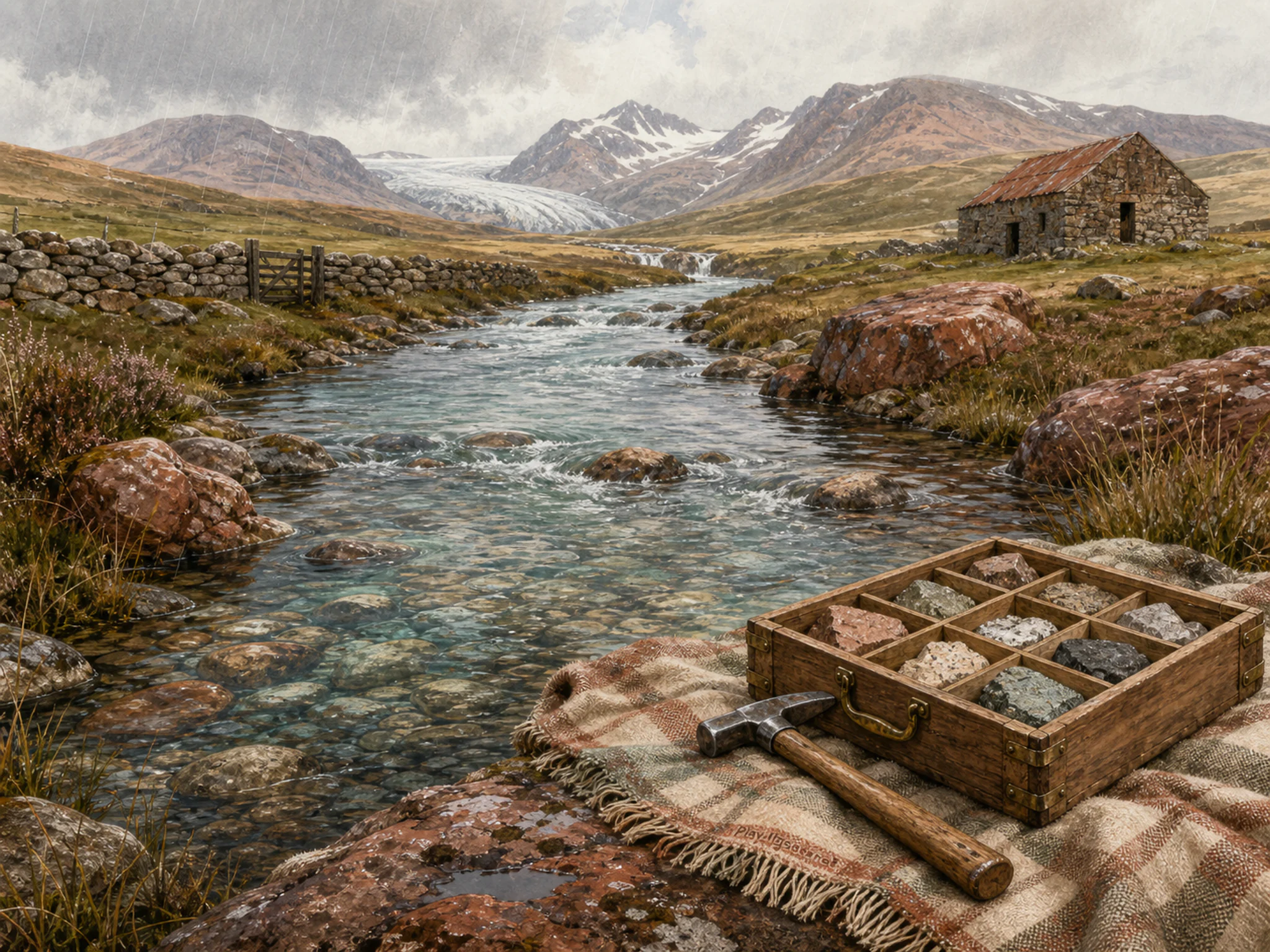 Glacier River following geologist sample box in a cultivated rolling plain, with layered scenery and gentle rain with crisp reflections.