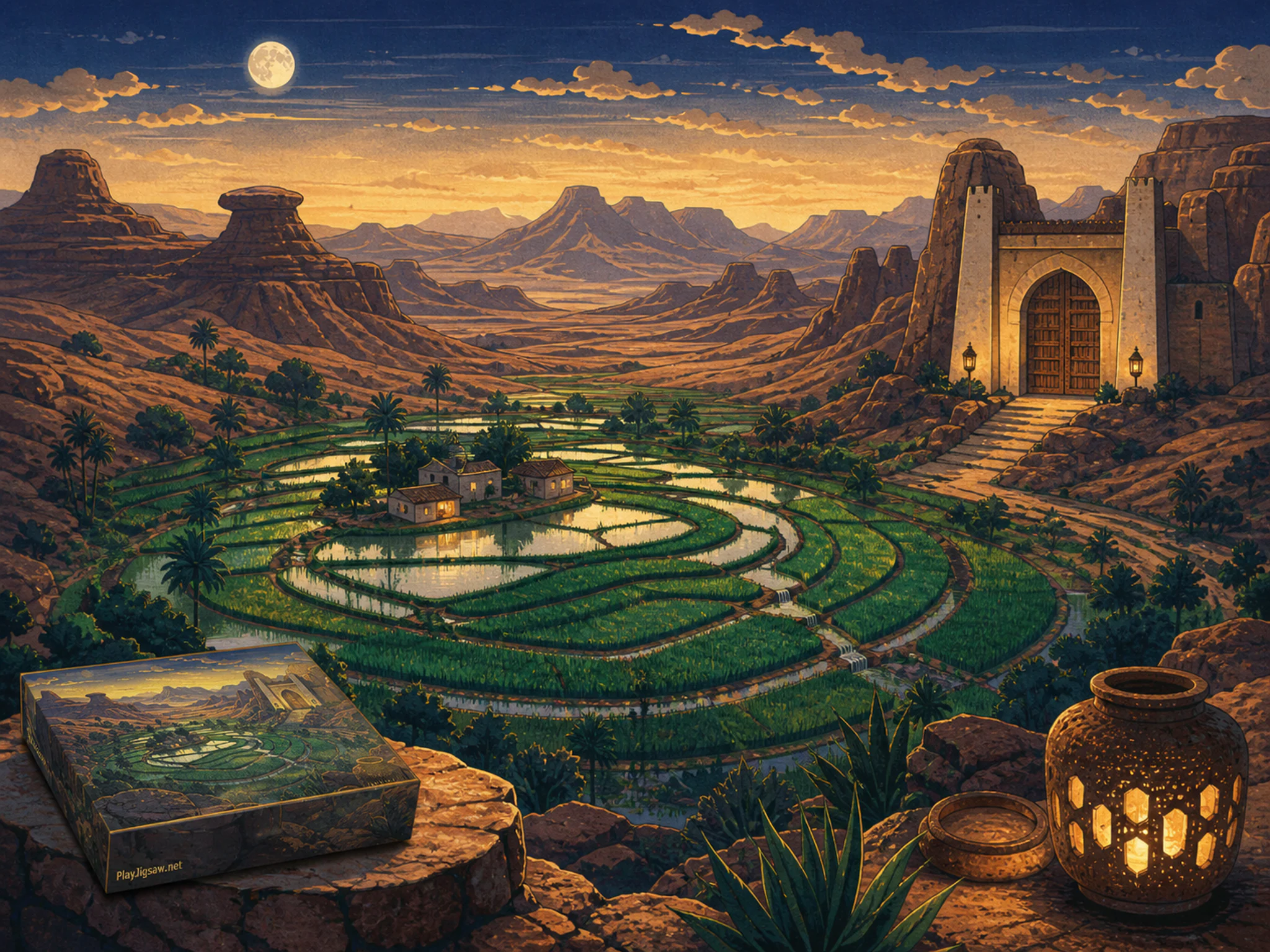 Rice Valley silhouetted against painted farm gate in a sculpted desert basin, with layered scenery and golden lamplight at dusk.