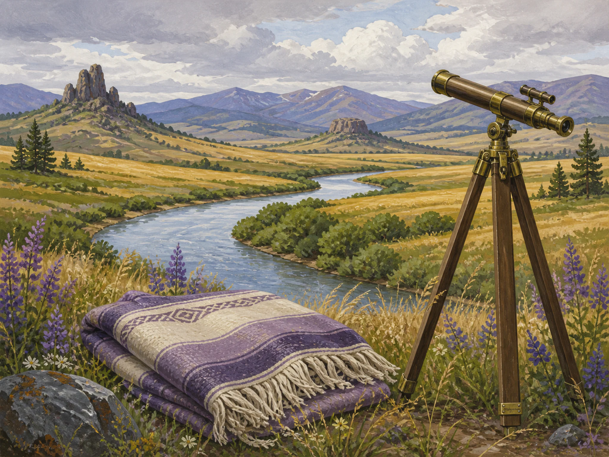 Wheat River Bend framing folded meadow blanket in an open highland meadow, with layered scenery and soft overcast afternoon.