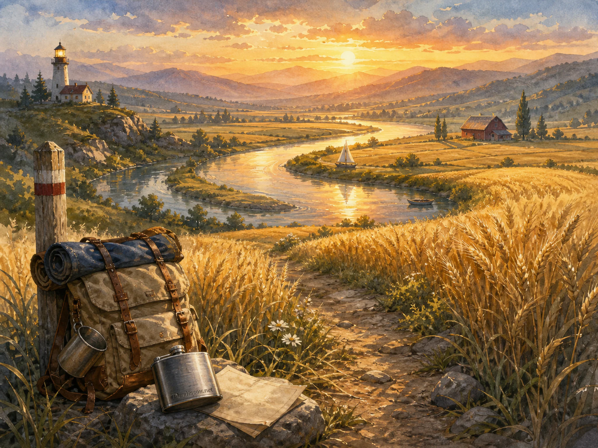 Wheat River Bend crossing canvas hiking pack in a broad river valley, with layered scenery and golden lamplight at dusk.