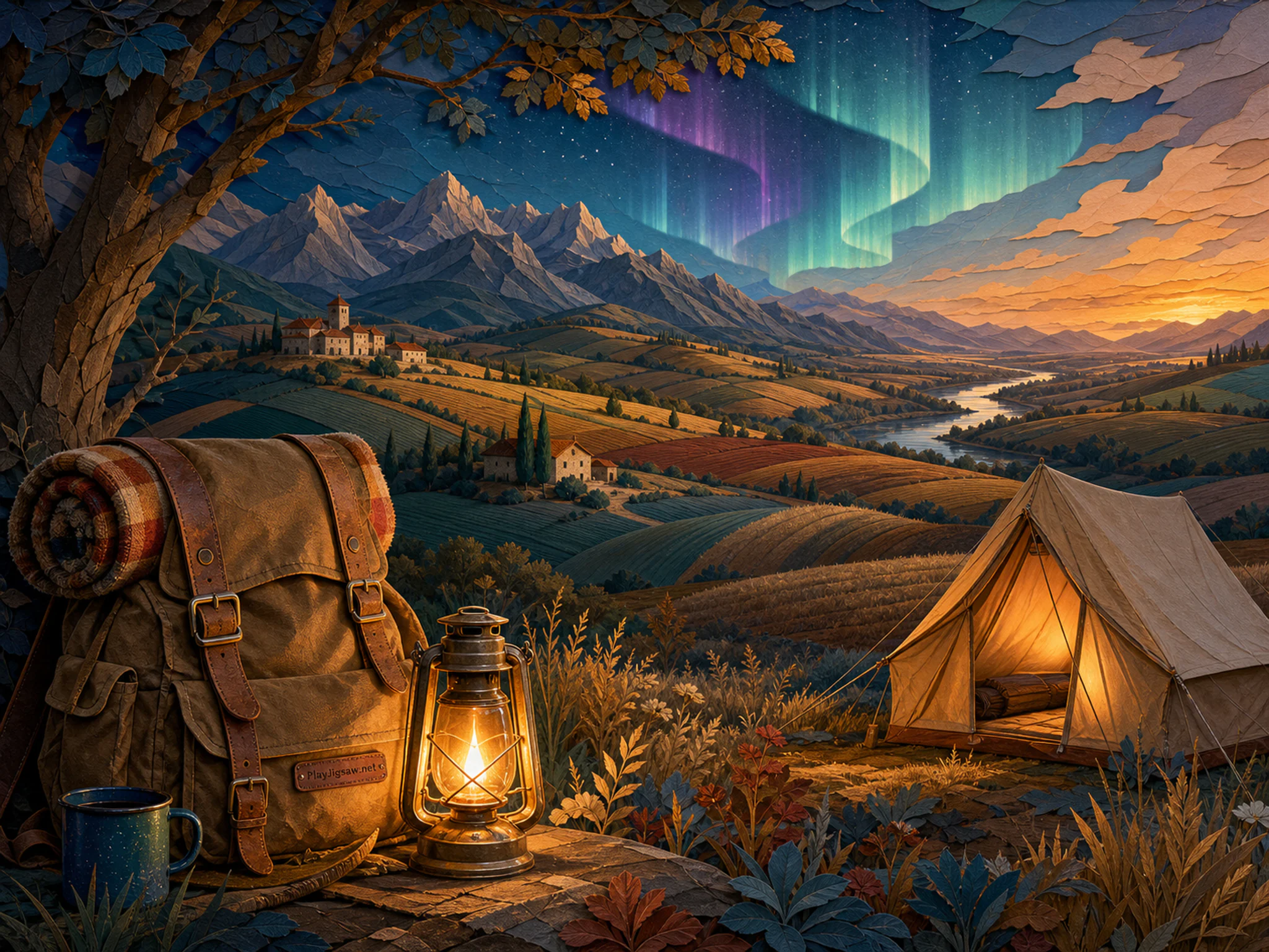 Aurora Camp resting beside canvas hiking pack in a cultivated rolling plain, with layered scenery and golden lamplight at dusk.