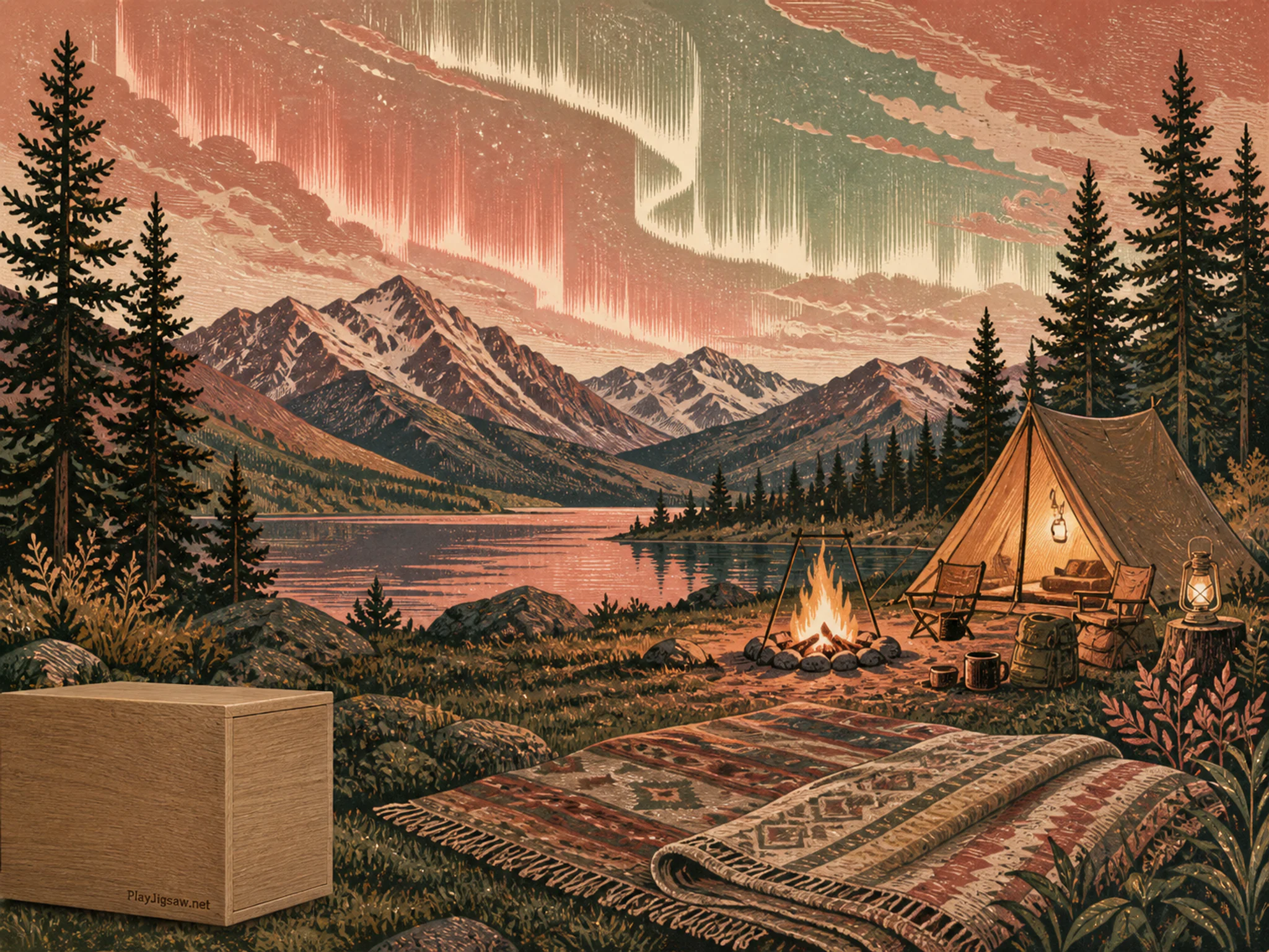 Aurora Camp silhouetted against folded meadow blanket in a weather-filled panoramic vista, with layered scenery and bright diffused window light.