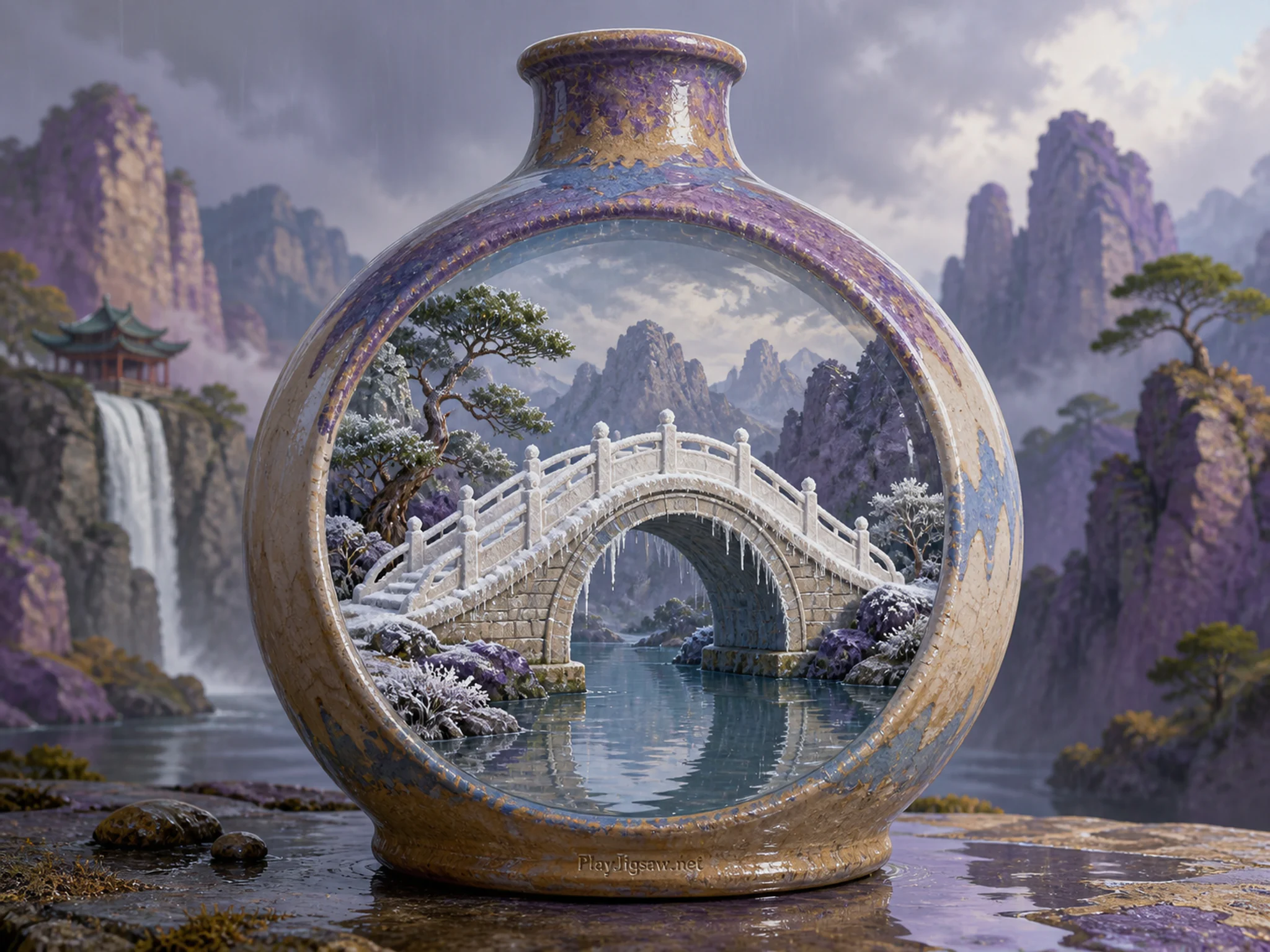 Frosted Bridge standing within ceramic water flask in a dramatic geological formation, with layered scenery and gentle rain with crisp reflections.