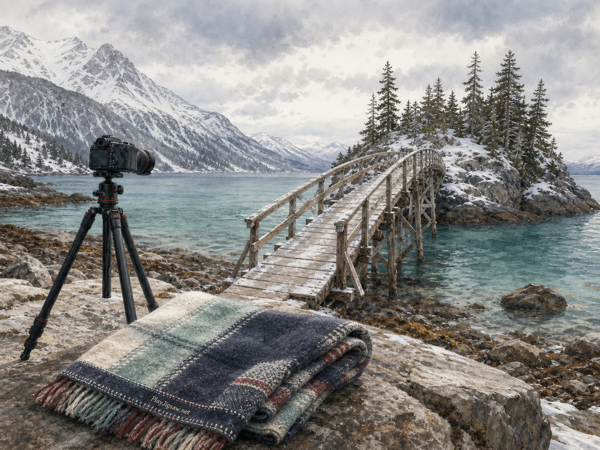 Frosted Bridge following sturdy camera tripod in a layered alpine shoreline, with layered scenery and soft overcast afternoon.