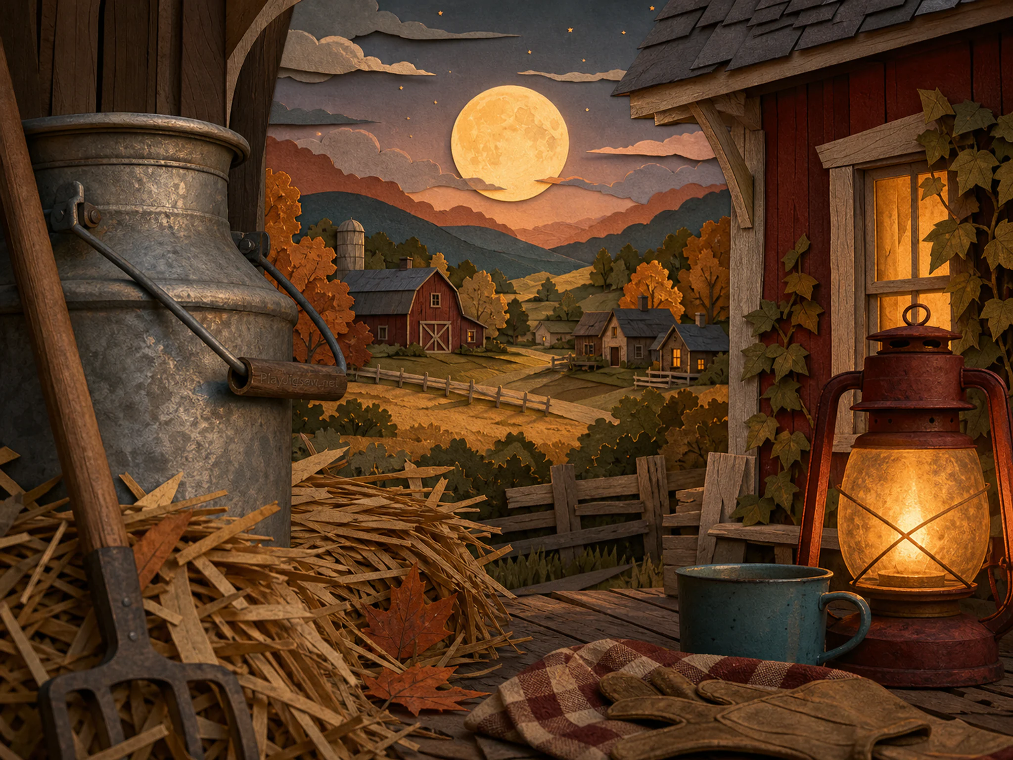 harvest moon valley opening beyond a galvanized milk can in a hay meadow behind a familiar farmhouse, with familiar objects and warm lamplight at dusk.