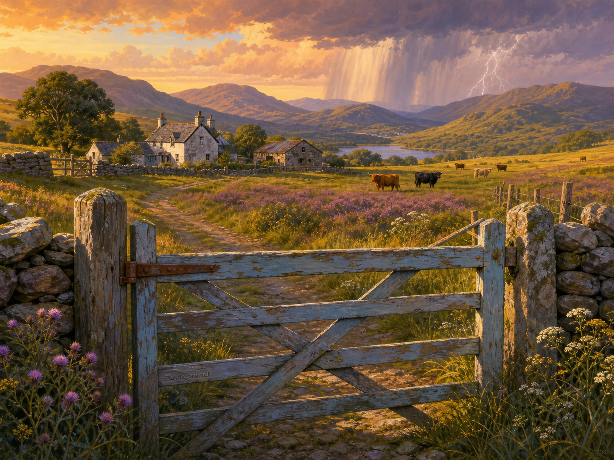 Thunderstorm Farm crossing painted farm gate in an open highland meadow, with layered scenery and golden lamplight at dusk.