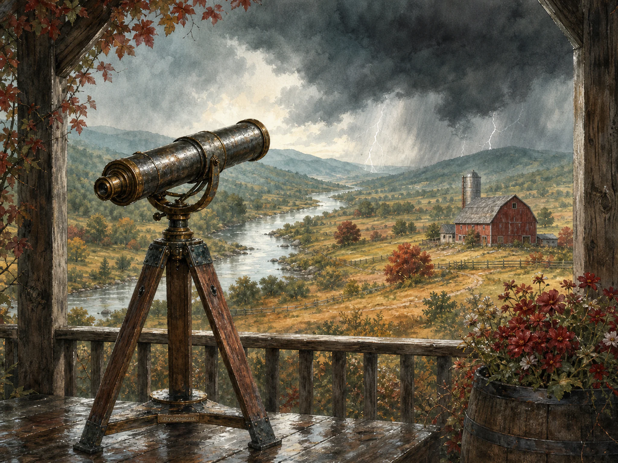 Thunderstorm Farm framing weathered field telescope in a broad river valley, with layered scenery and bright diffused window light.