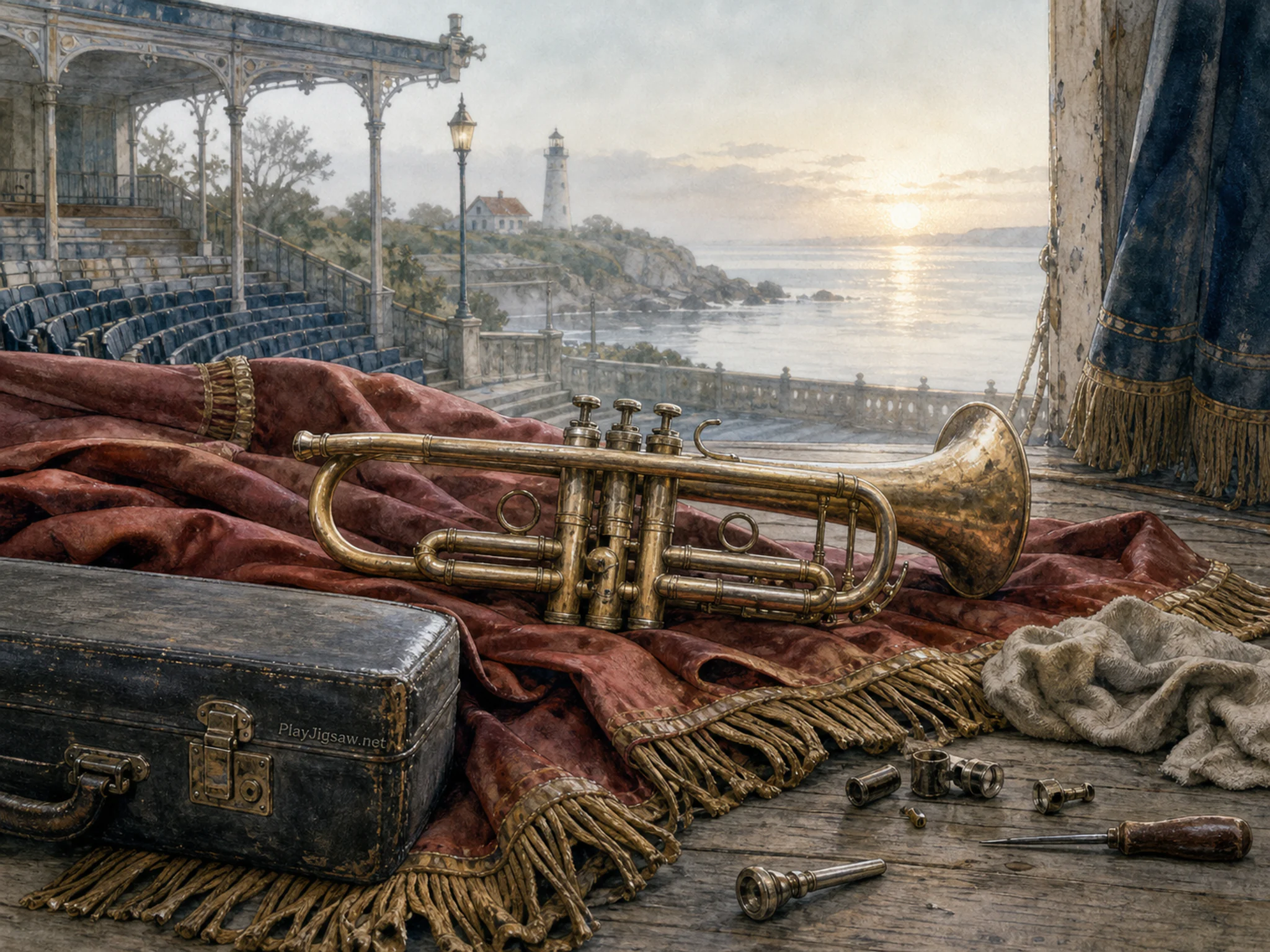Balcony Trumpet being repaired on folded stage curtain in an empty performance venue, with layered scenery and calm misty dawn.
