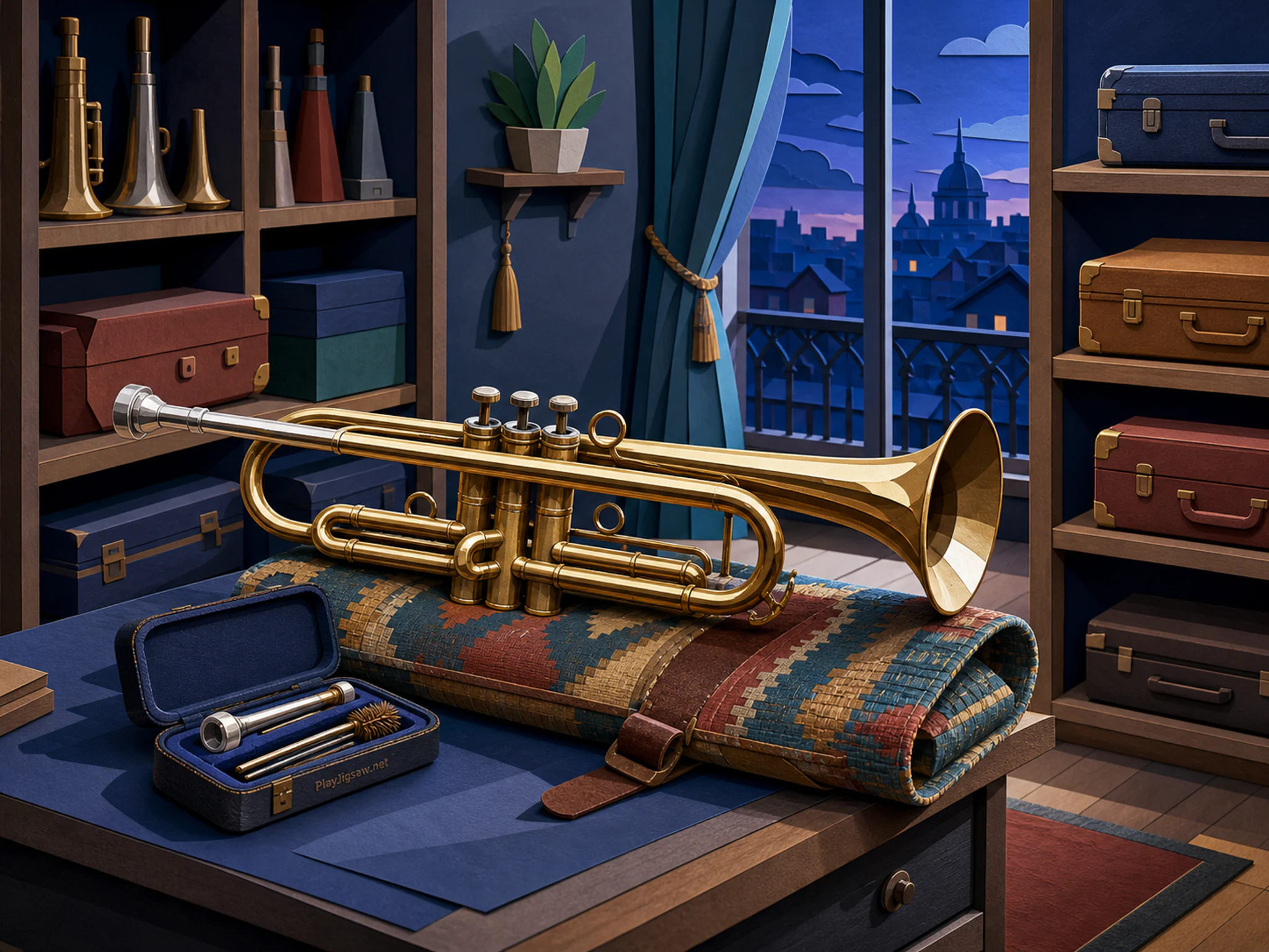 Balcony Trumpet arranged above woven mallet bag in a neatly lined instrument room, with layered scenery and cool blue-hour light.