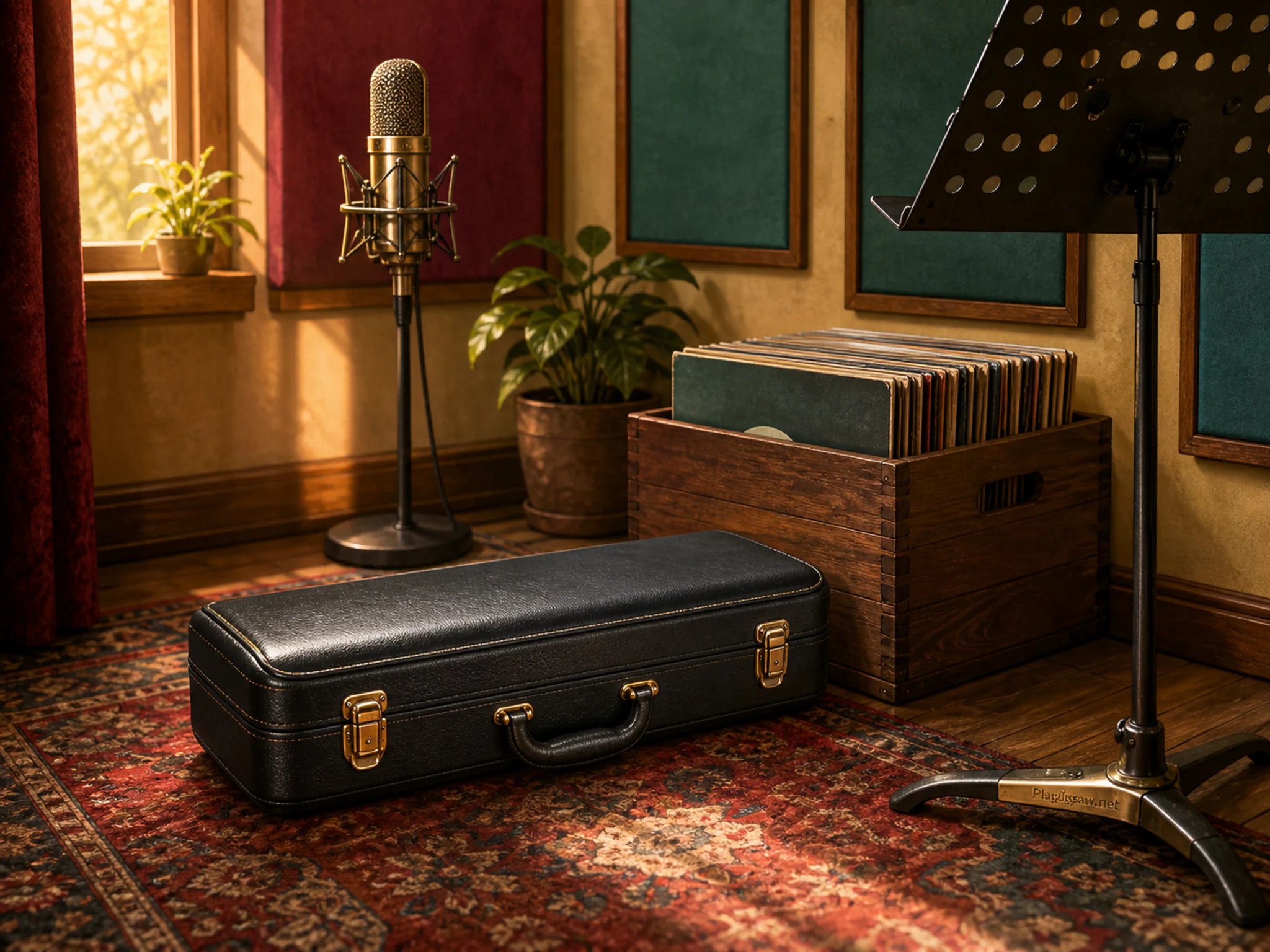 Clarinet Case resting beside walnut record crate in a compact recording booth, with layered scenery and warm late-day sunlight.