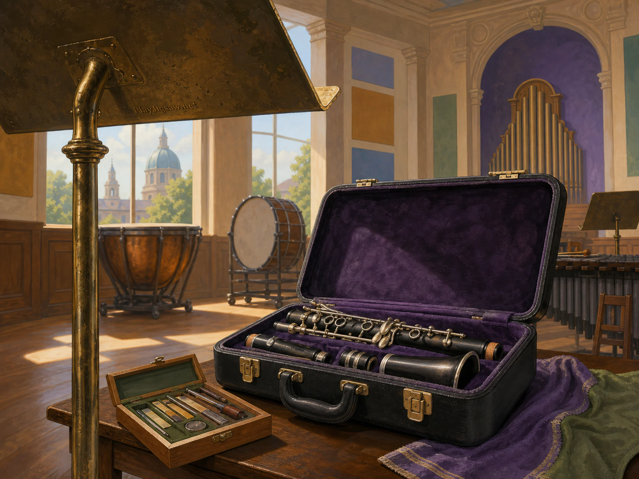 Clarinet Case set for rehearsal near wooden tuning kit in a resonant percussion hall, with layered scenery and clear early morning light.