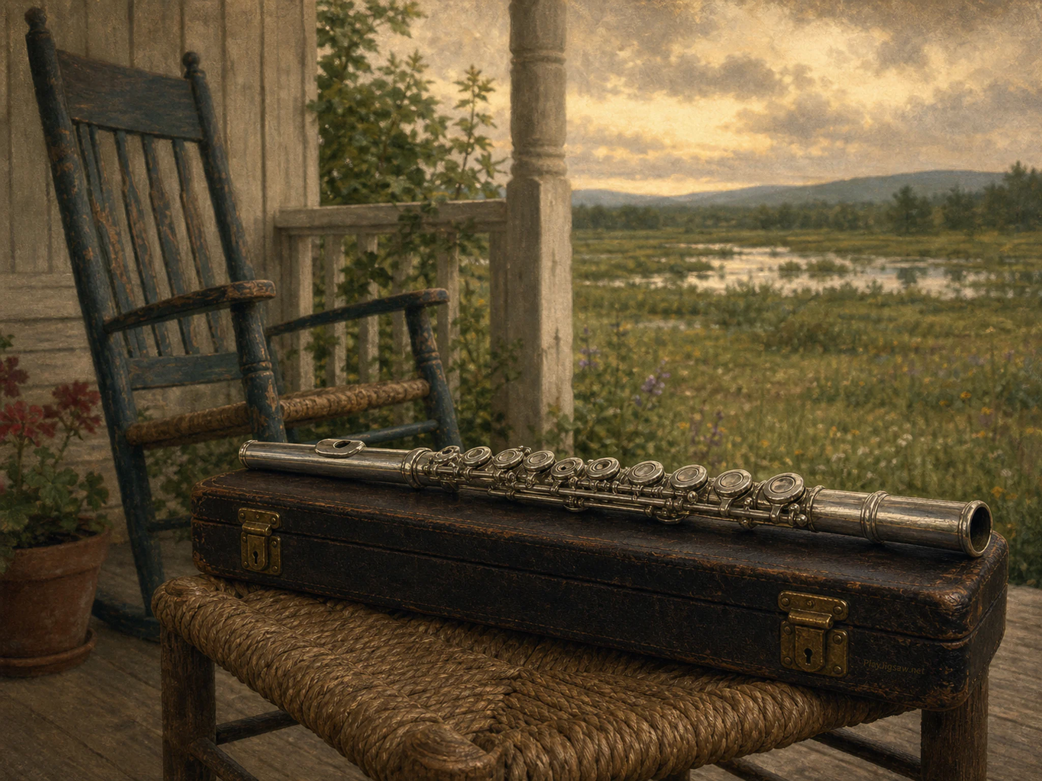 flute meadow resting naturally beside a woven footstool in a farmhouse porch with a flute case and rocking chair, with familiar objects and sun after a brief rain shower.