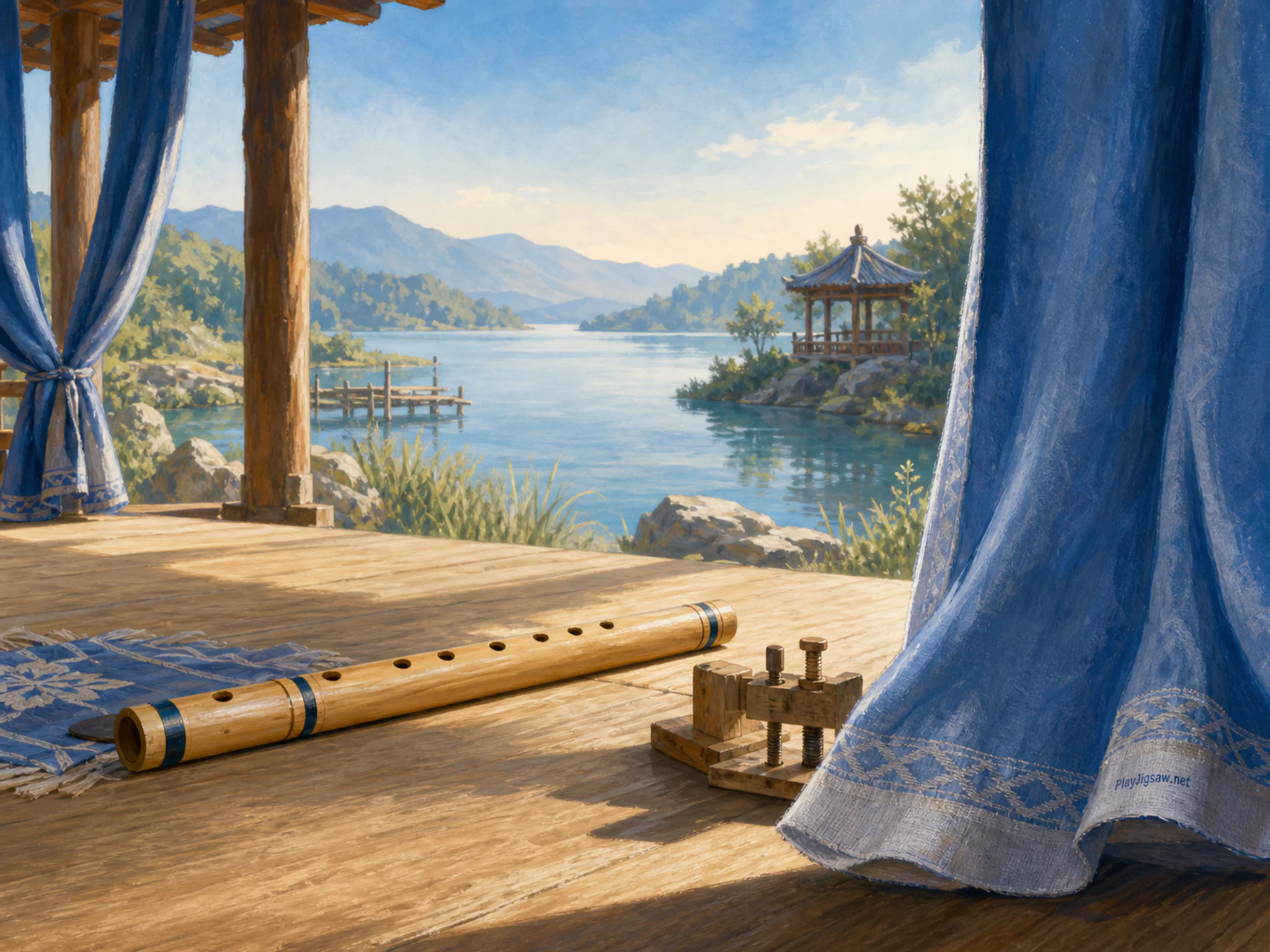 Flute Meadow waiting near small luthier clamp in a waterside folk stage, with layered scenery and clear early morning light.