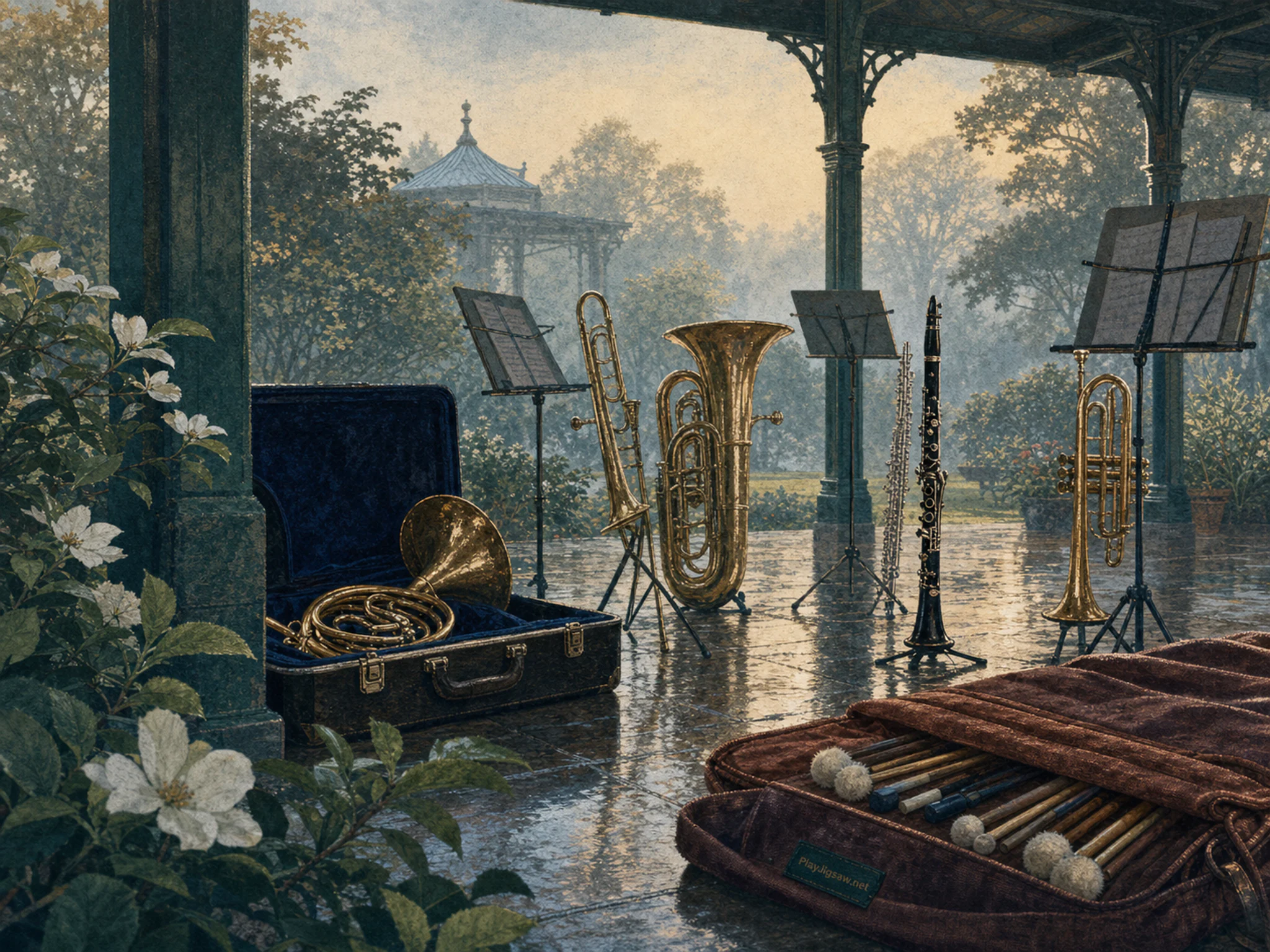 Garden Brass Band being tuned beside velvet instrument case in a garden performance pavilion, with layered scenery and calm misty dawn.