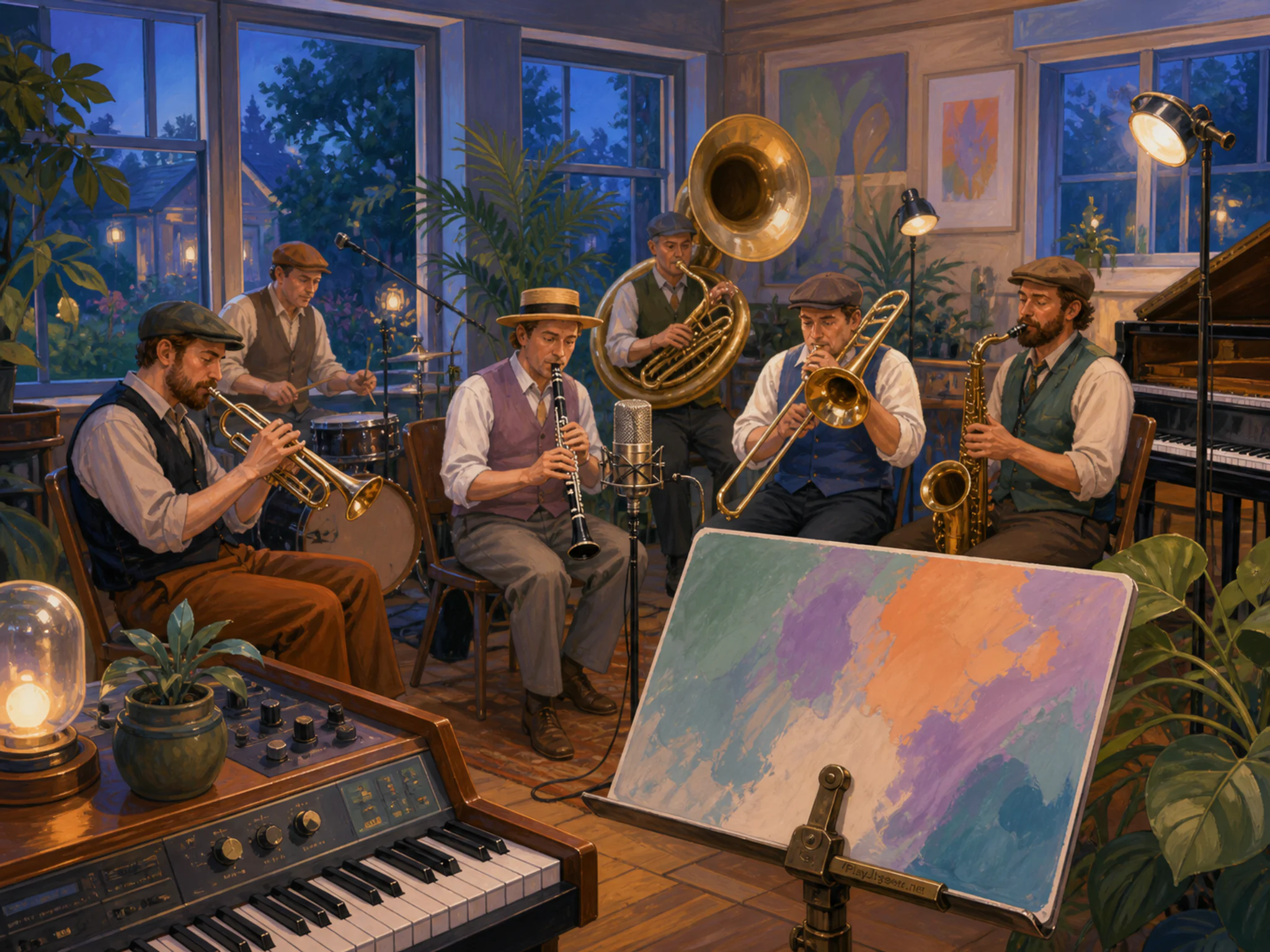 Garden Brass Band recording beside painted sheet-music stand without text in a warm keyboard studio, with layered scenery and cool blue-hour light.