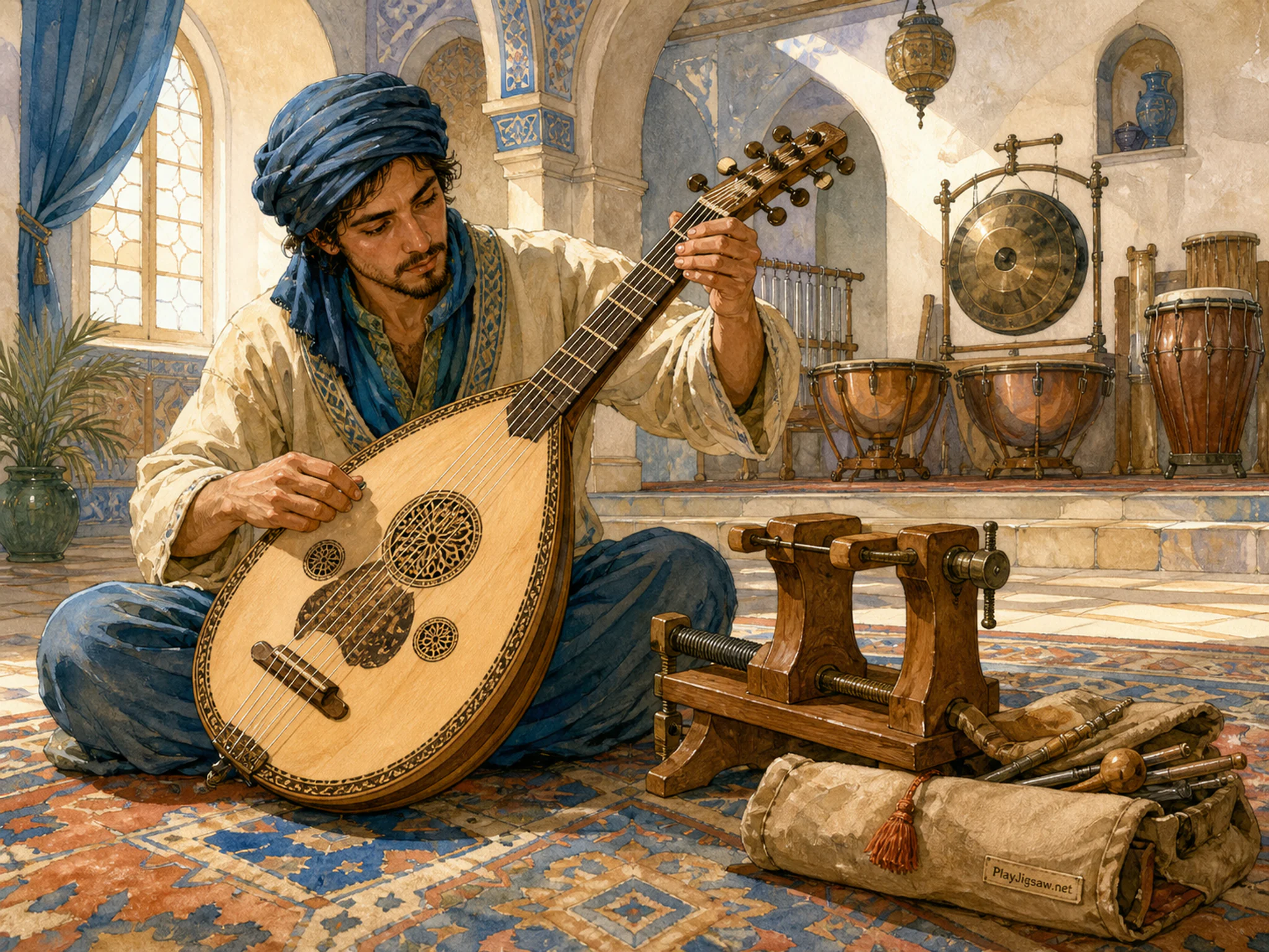 Desert Lute being tuned beside small luthier clamp in a resonant percussion hall, with layered scenery and bright diffused window light.