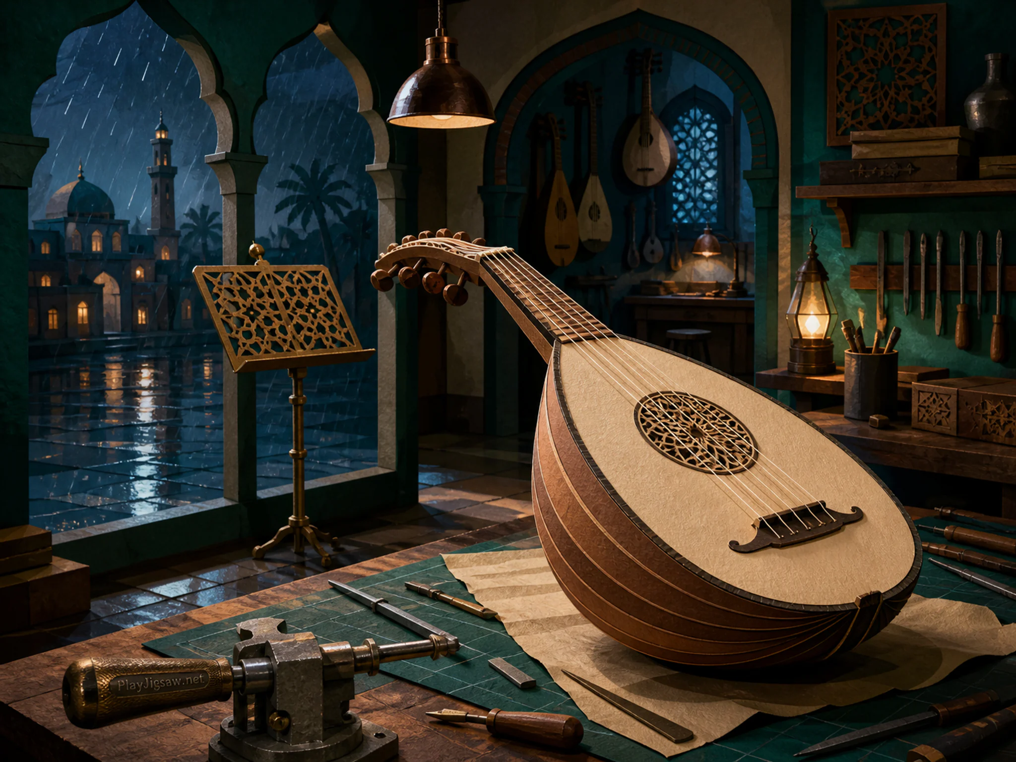Desert Lute recording beside brass music stand in a precise repair workshop, with layered scenery and gentle rain with crisp reflections.