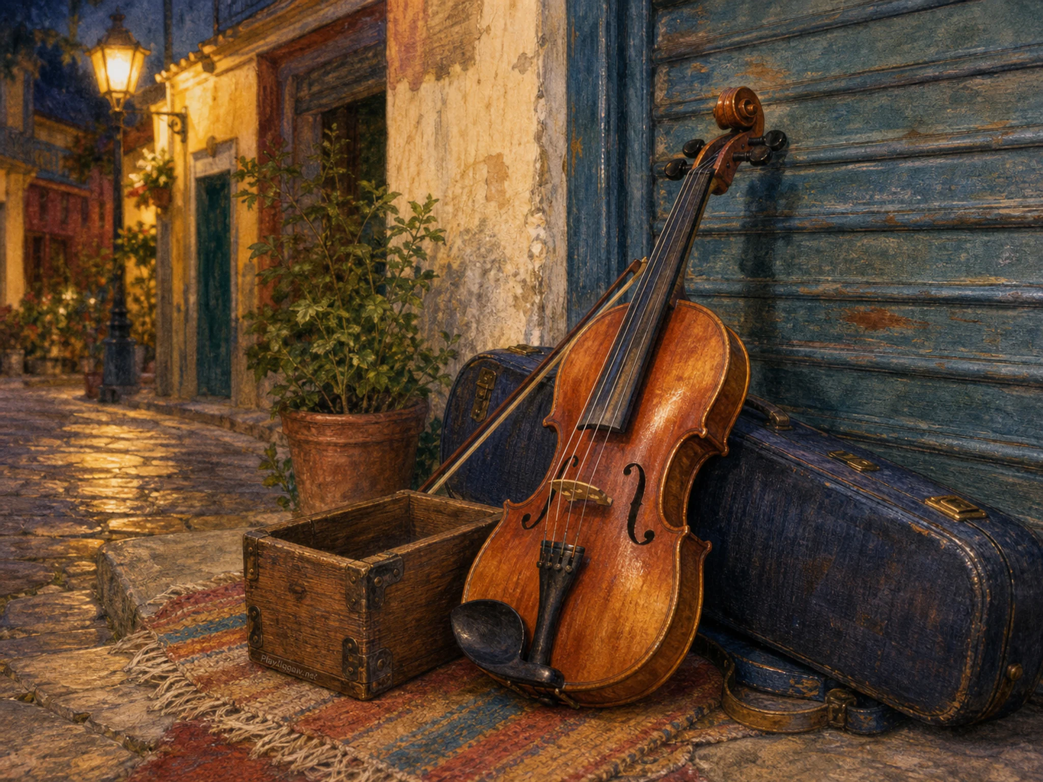 market fiddle resting naturally beside a small wooden tip box without text in a street-performance setup stored beside a shop shutter, with familiar objects and warm lamplight at.