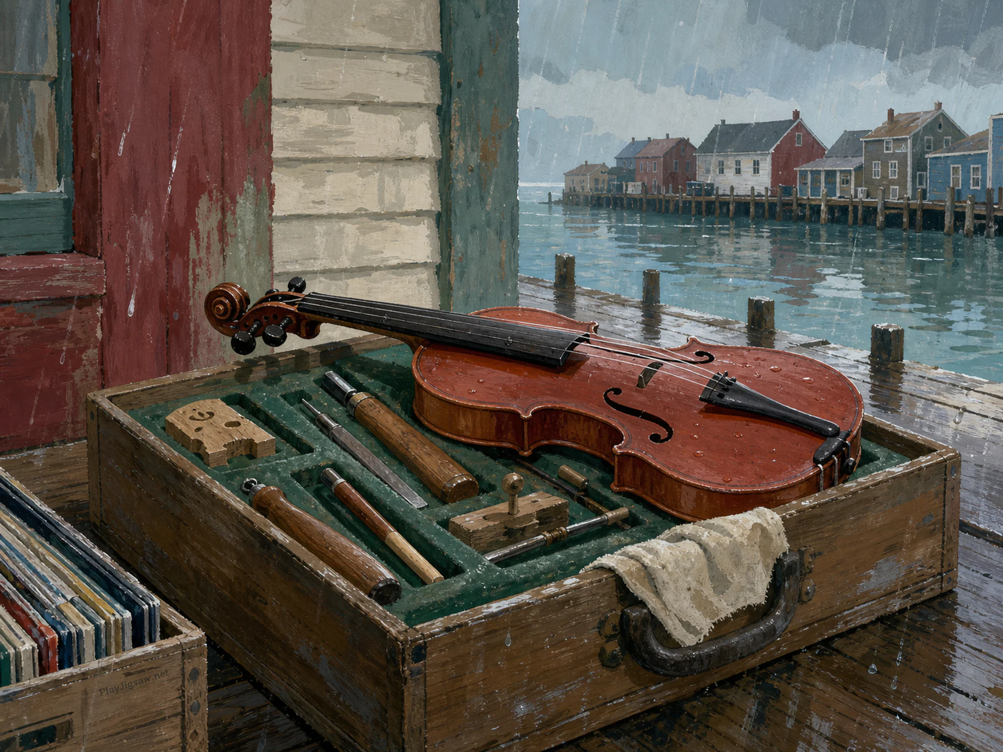 Market Fiddle being repaired on wooden tuning kit in a compact recording booth, with layered scenery and gentle rain with crisp reflections.