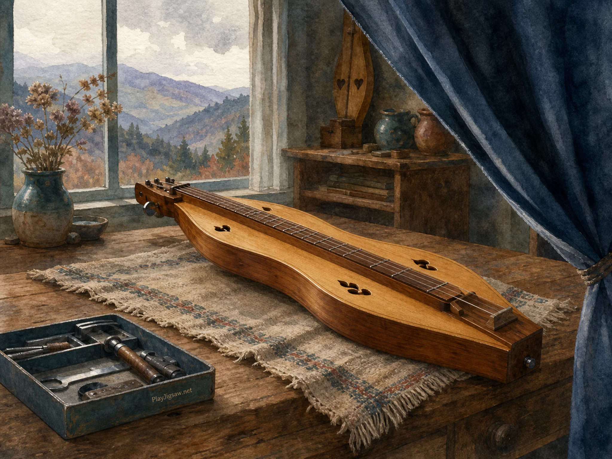 Mountain Dulcimer lit beneath folded stage curtain in a warm keyboard studio, with layered scenery and soft overcast afternoon.
