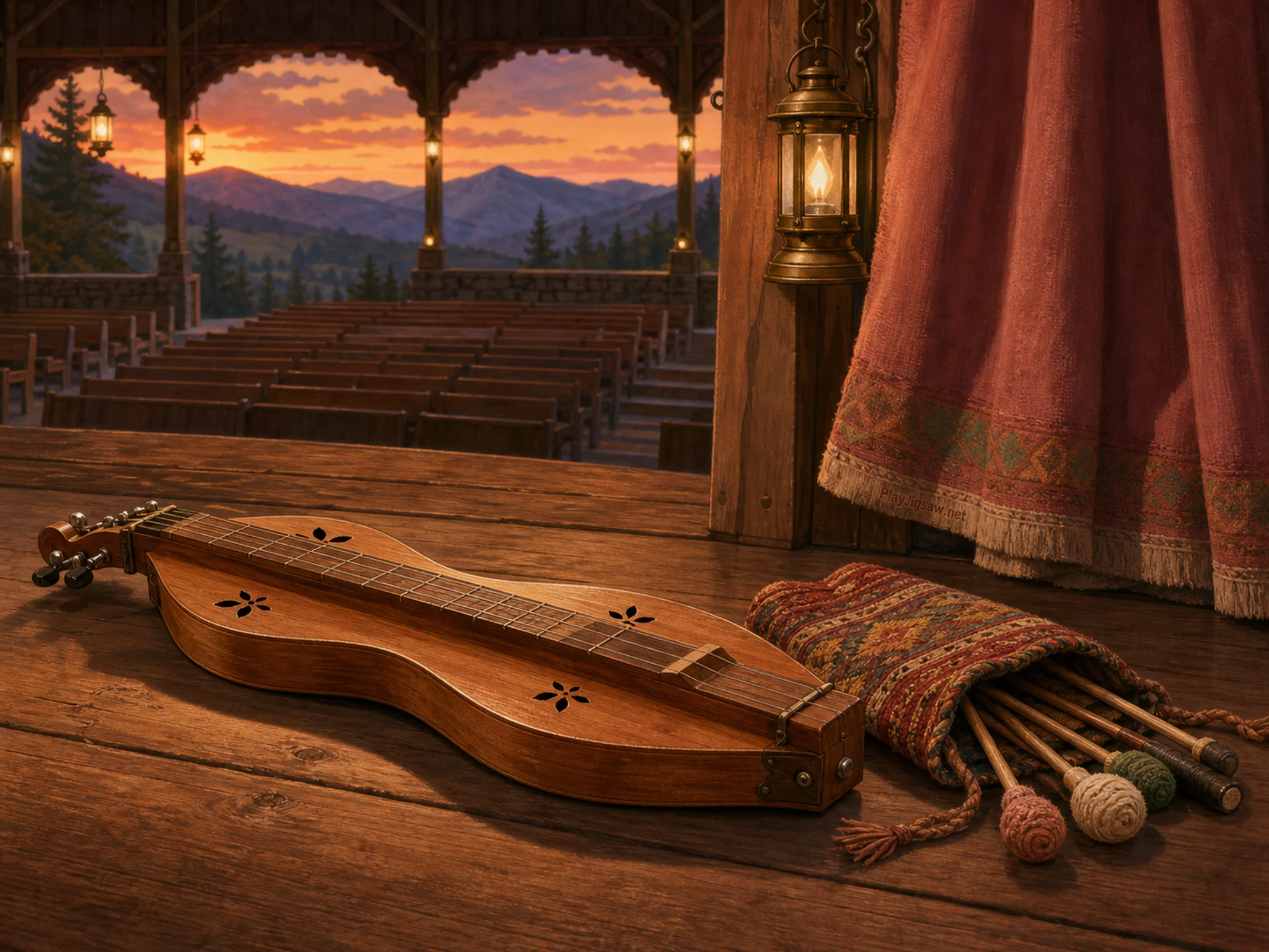 Mountain Dulcimer waiting near woven mallet bag in an empty performance venue, with layered scenery and golden lamplight at dusk.