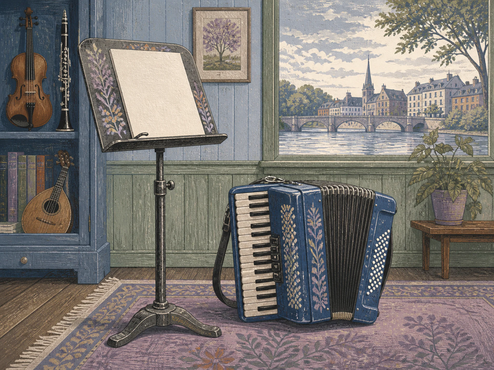 Riverside Accordion resting beside painted sheet-music stand without text in a neatly lined instrument room, with layered scenery and soft overcast afternoon.