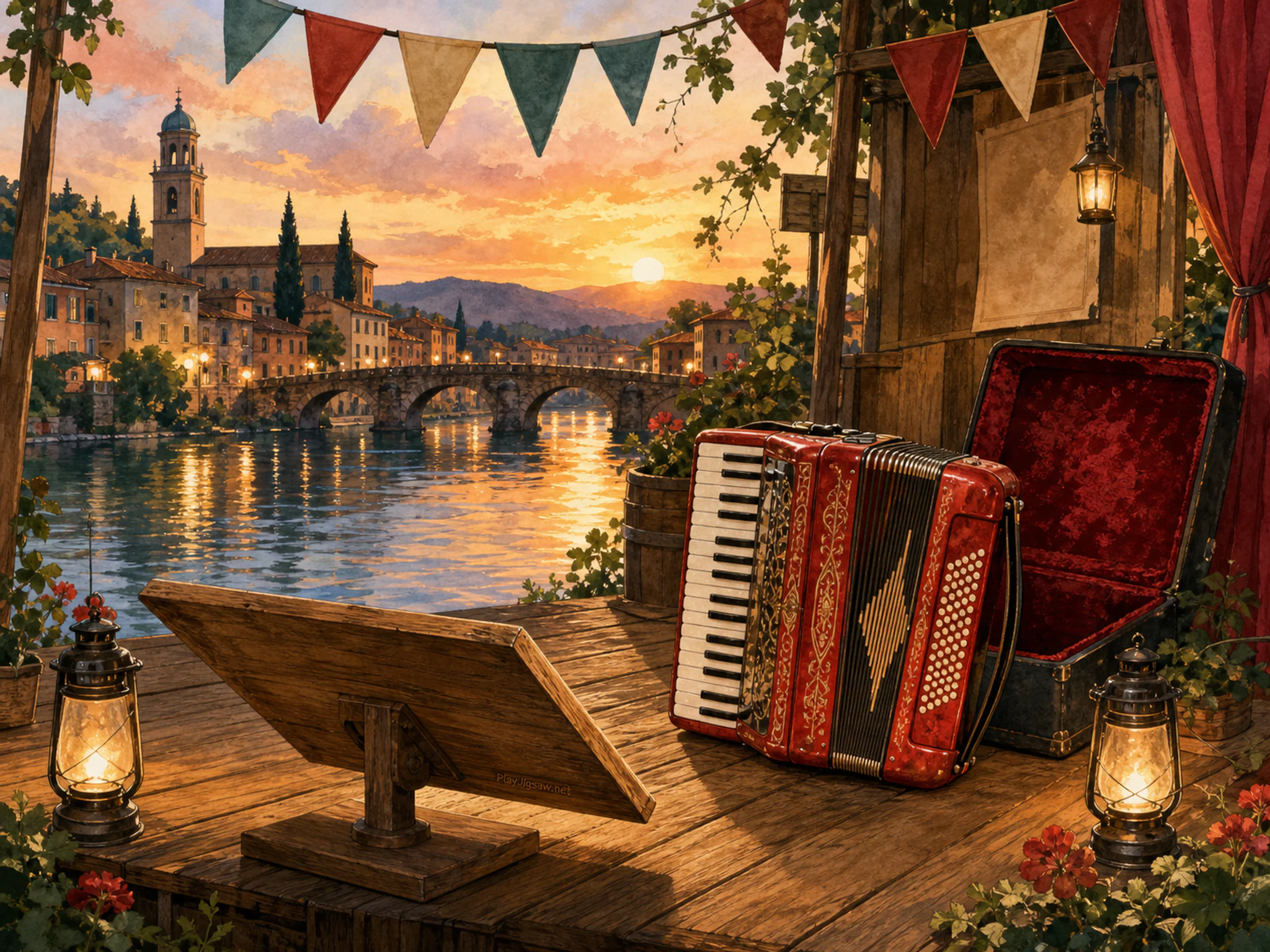 Riverside Accordion set for rehearsal near velvet instrument case in a waterside folk stage, with layered scenery and golden lamplight at dusk.
