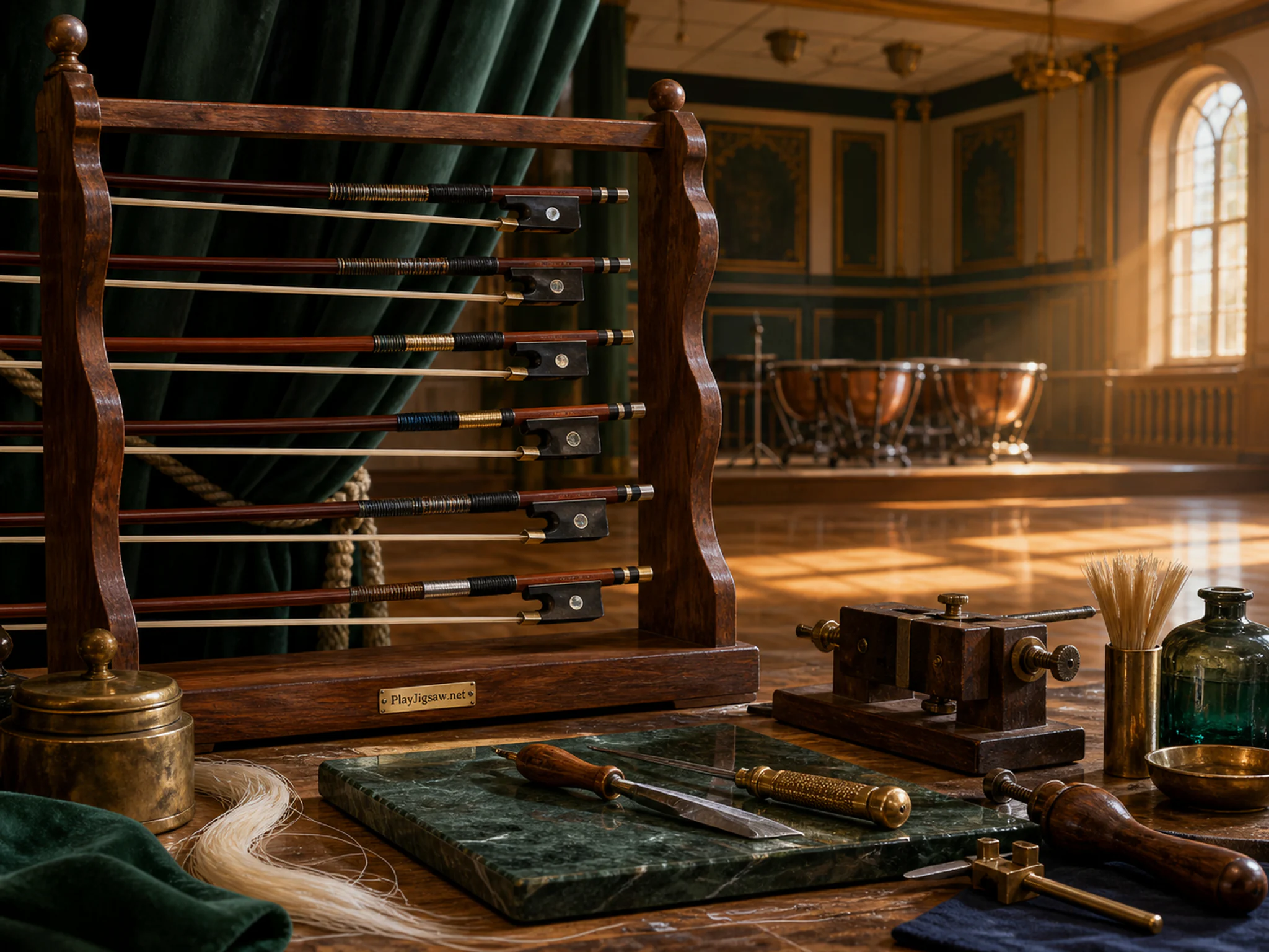 Bow Rehair Bench arranged above folded stage curtain in a resonant percussion hall, with layered scenery and warm late-day sunlight.