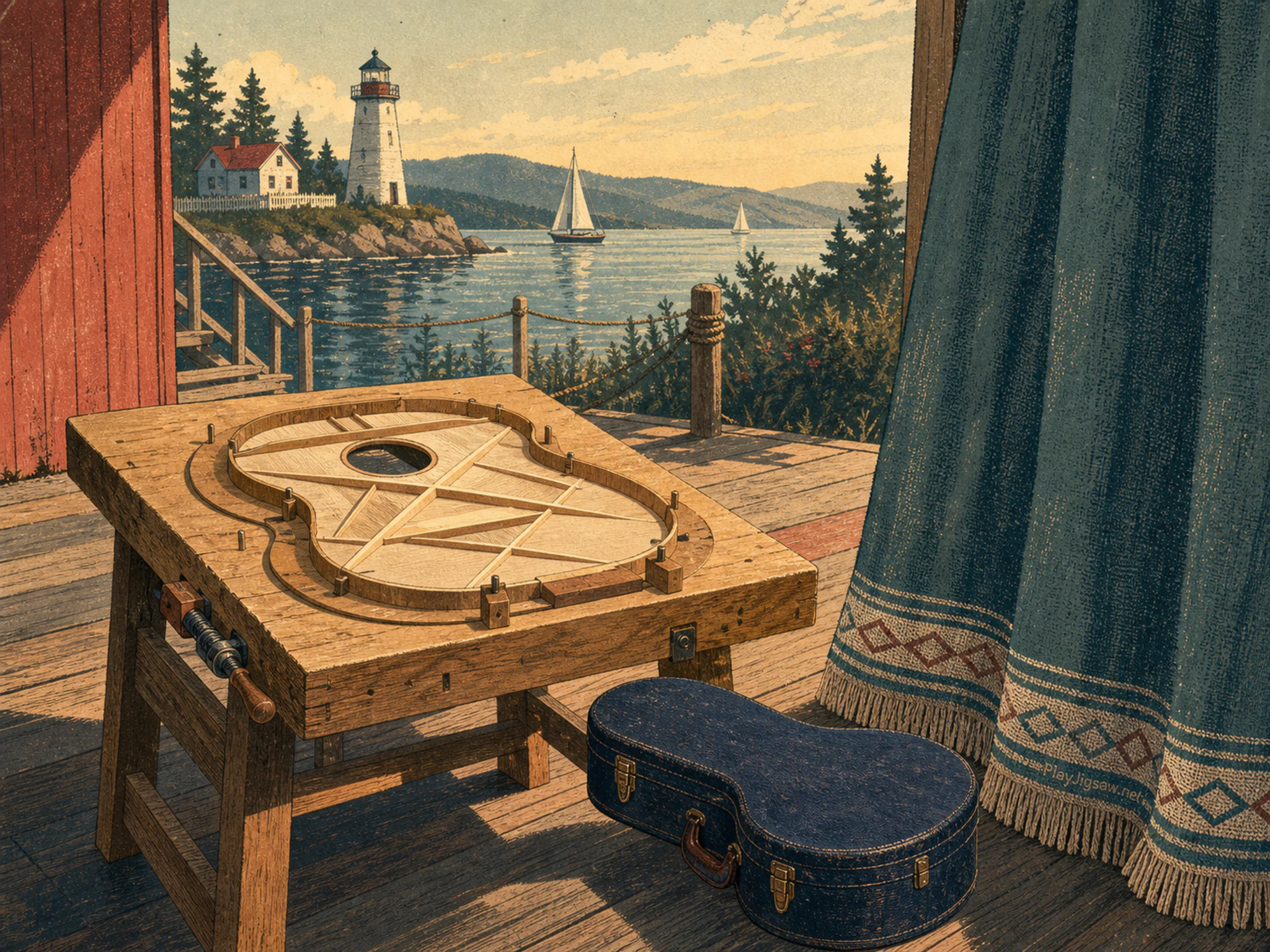 Guitar Bracing Table recording beside velvet instrument case in a waterside folk stage, with layered scenery and warm late-day sunlight.