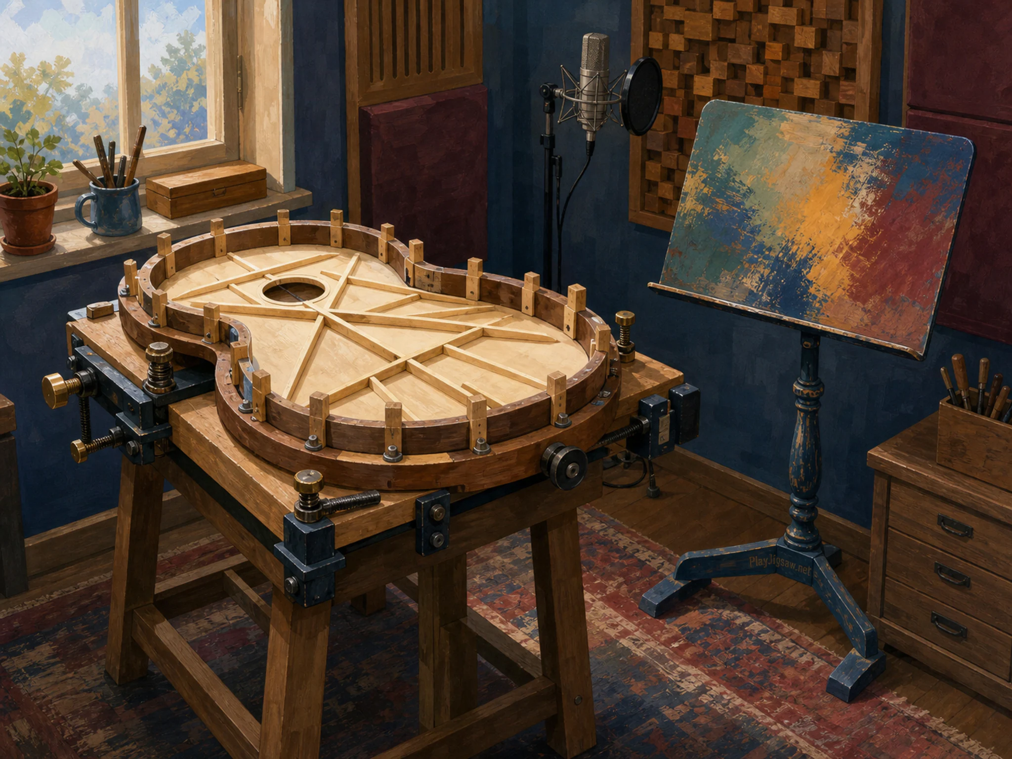 Guitar Bracing Table being tuned beside painted sheet-music stand without text in a compact recording booth, with layered scenery and clear early morning light.