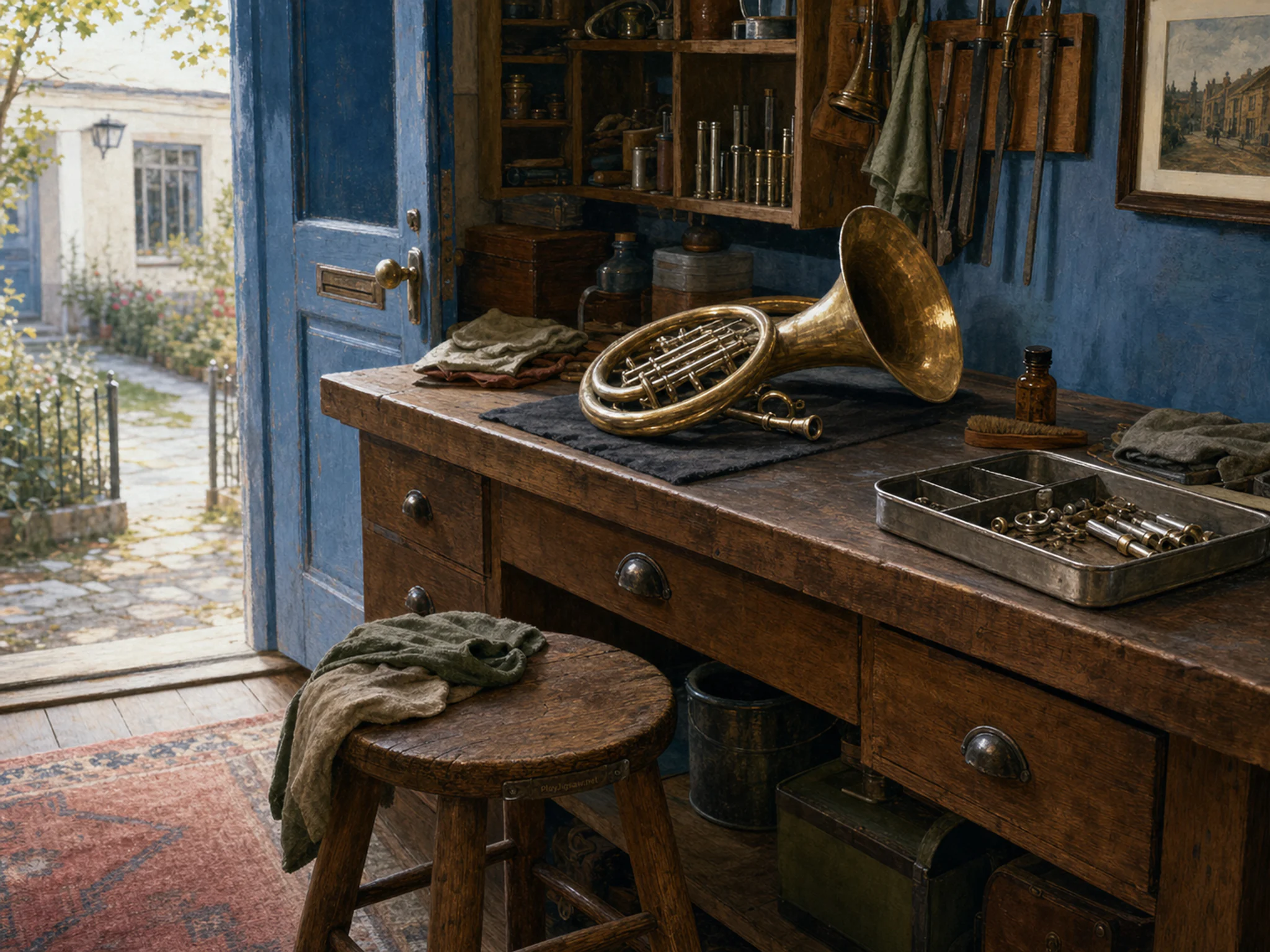 horn polishing desk resting naturally beside a metal parts tray in a second neighborhood instrument-repair room with a horn-polishing desk, with familiar objects and bright.
