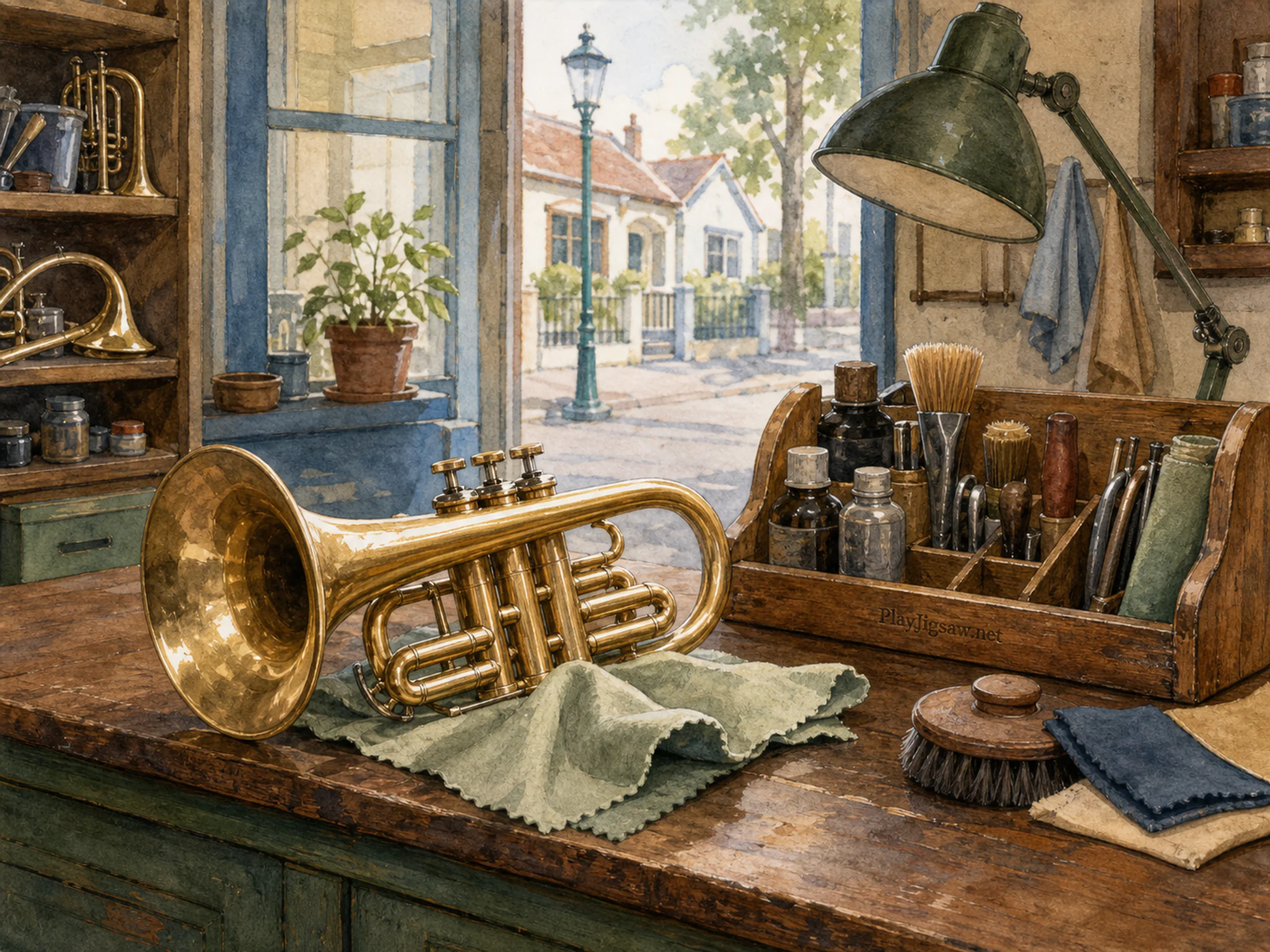 horn polishing desk resting naturally beside a soft polishing cloth in a neighborhood instrument-repair counter with a horn-polishing desk, with familiar objects and clear.