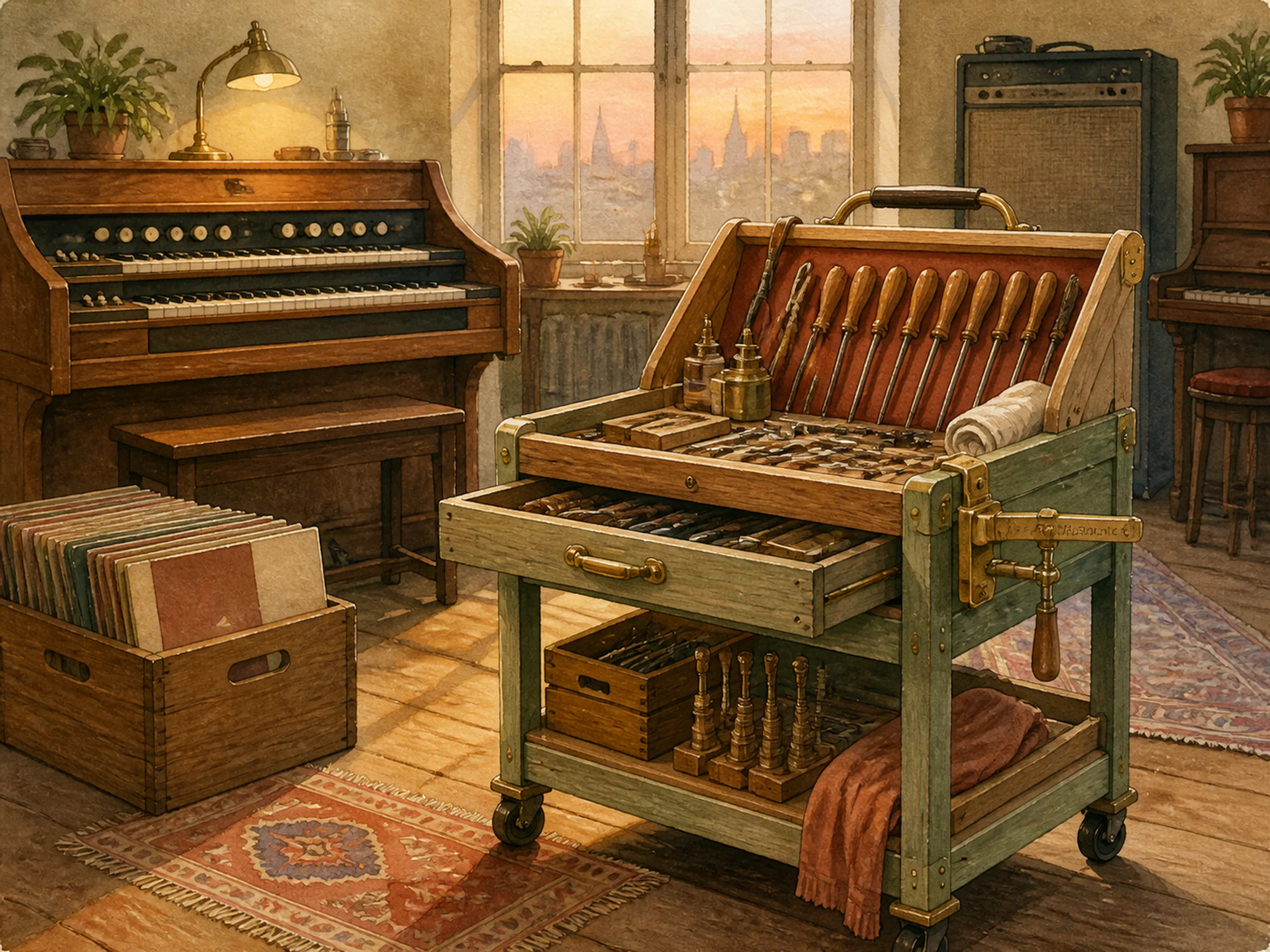 Organ Repair Cart set for rehearsal near walnut record crate in a warm keyboard studio, with layered scenery and calm misty dawn.