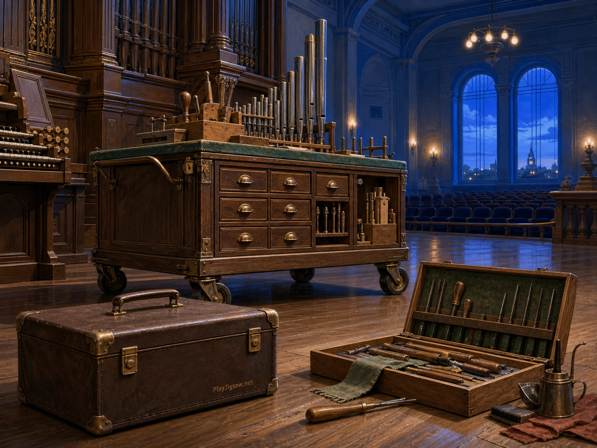 Organ Repair Cart resting beside wooden tuning kit in an empty performance venue, with layered scenery and cool blue-hour light.