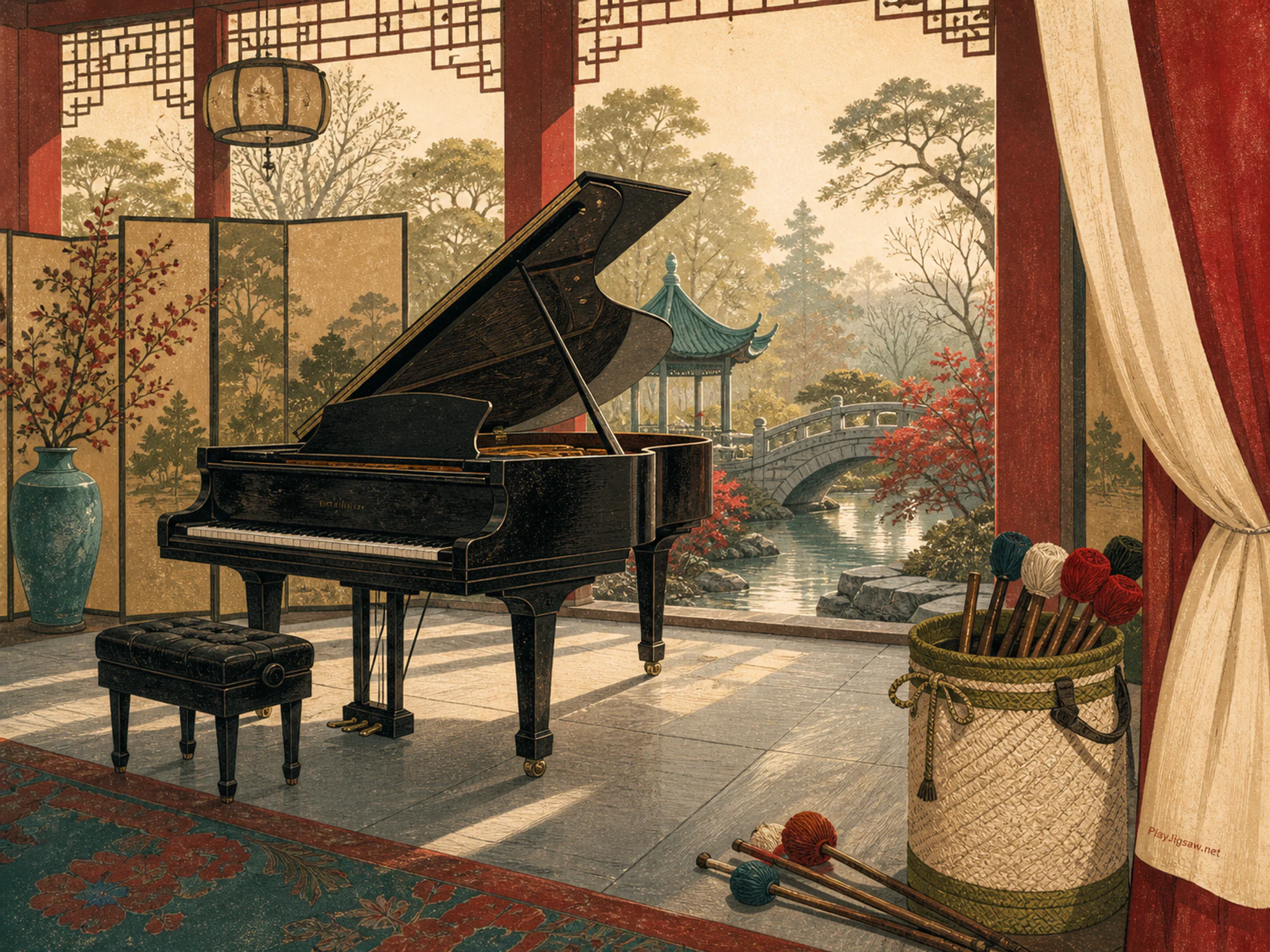 Garden Piano recording beside woven mallet bag in a garden performance pavilion, with layered scenery and clear early morning light.